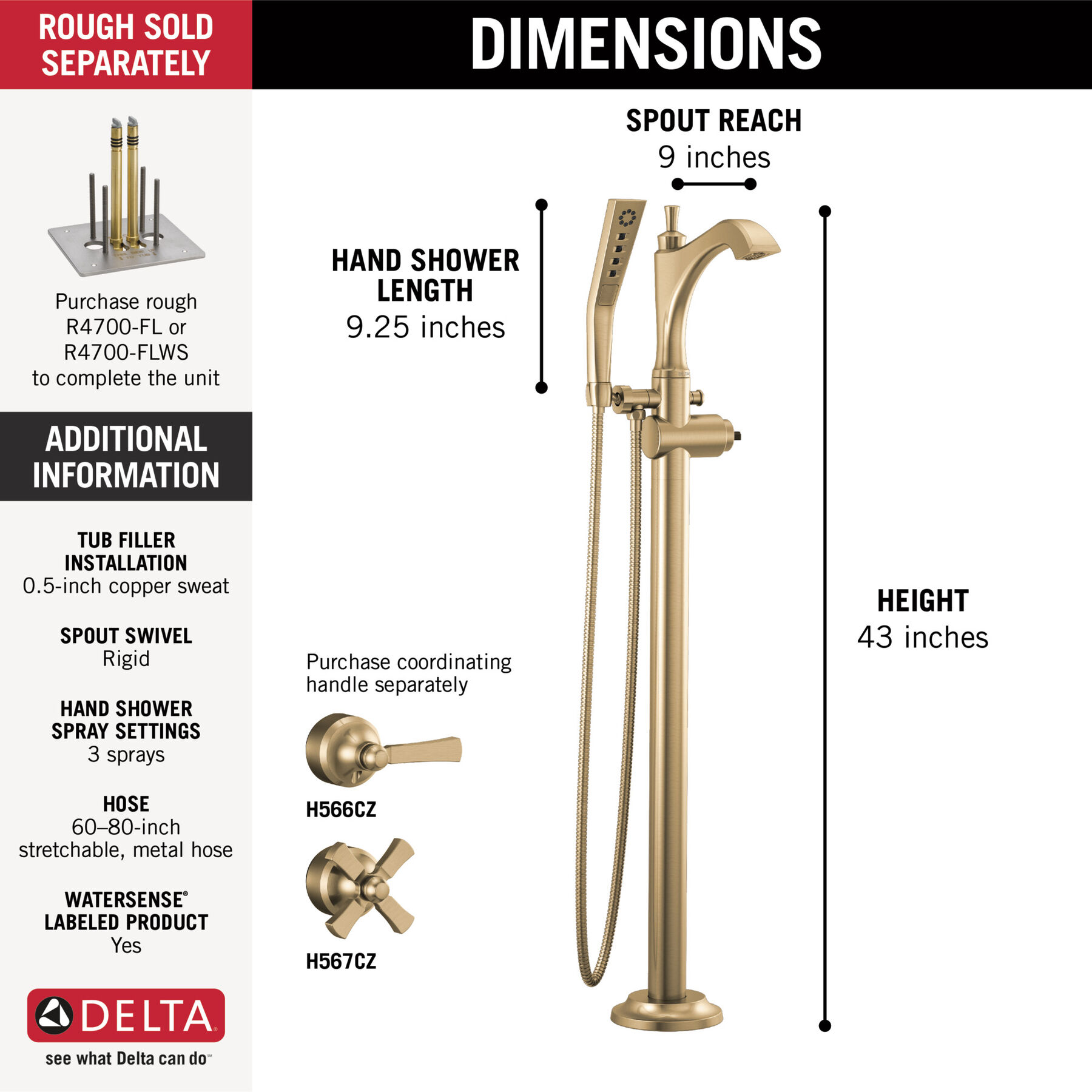 Single Handle Floor Mount Tub Filler Trim - Less Handle