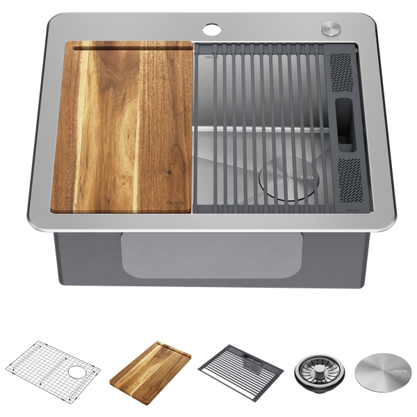 25&rdquo; Workstation Kitchen Sink Drop-In Top Mount Stainless Steel Single Bowl with WorkFlow&trade; Ledge and Accessories