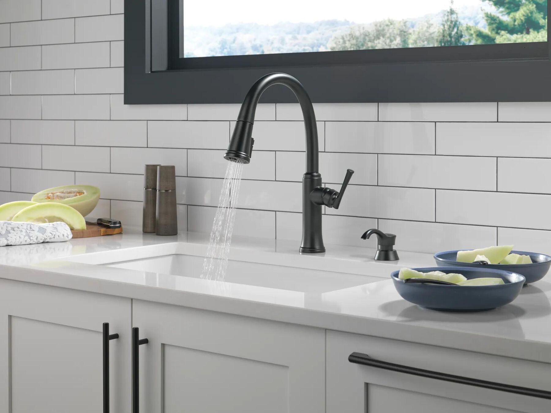 Single Handle Pull-Down Kitchen Faucet with Soap Dispenser and ShieldSpray Technology