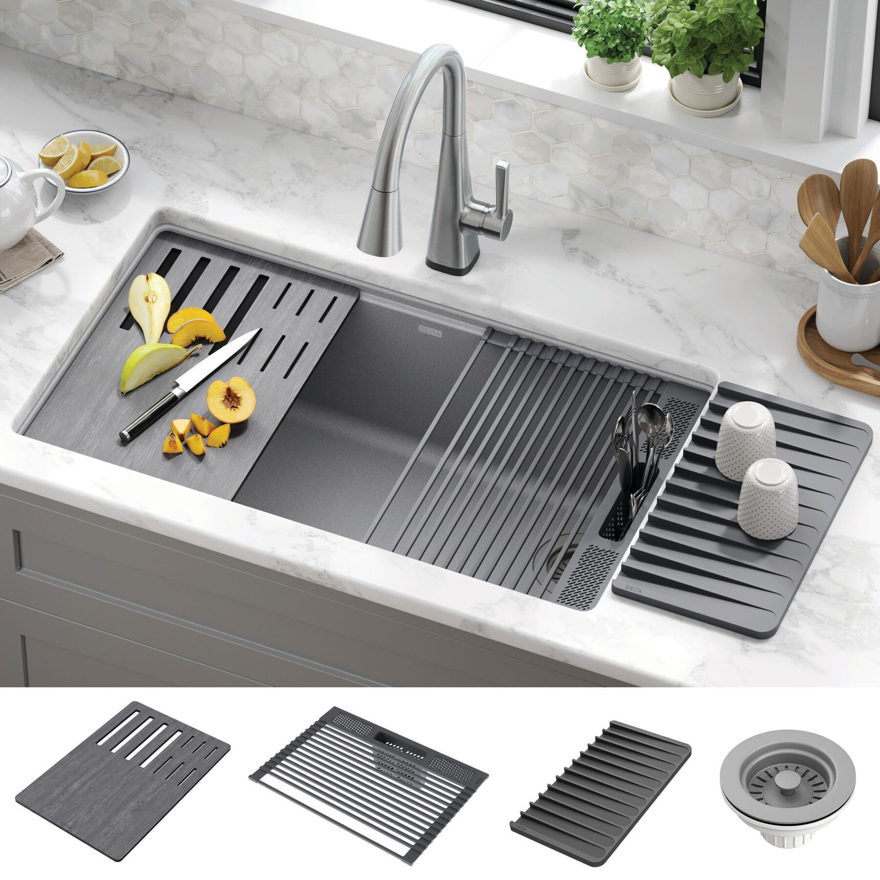 32&rdquo; Granite Composite Workstation Kitchen Sink Undermount Single Bowl with WorkFlow&trade; Ledge and Accessories in Dark Grey