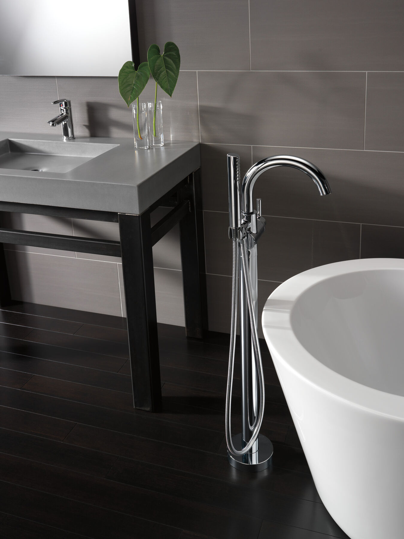 Single Handle Floor Mount Tub Filler Trim with Hand Shower