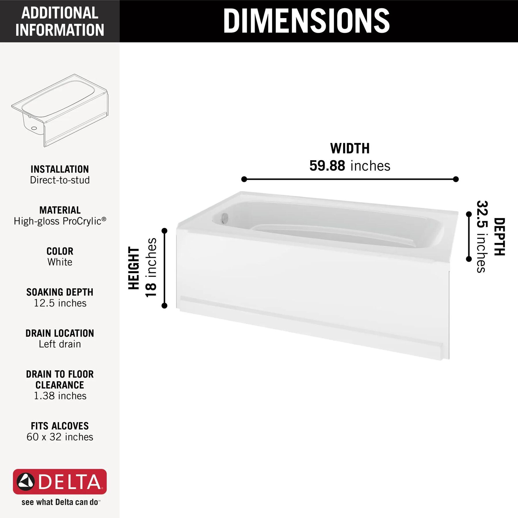 60" x 32" Bathtub - Left Drain