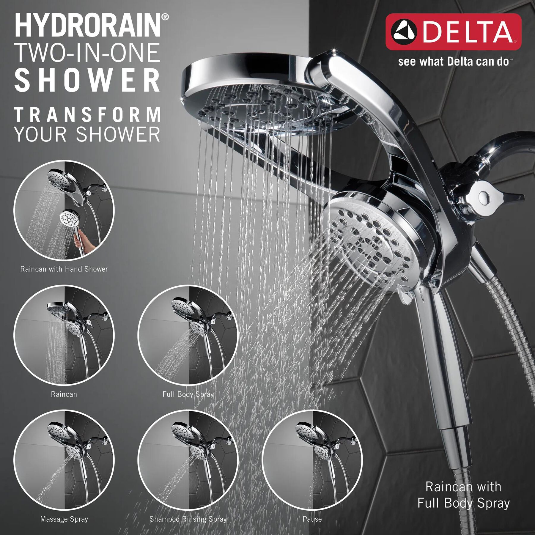 HydroRain&reg; 4-Setting Two-in-One Shower Head (Recertified)