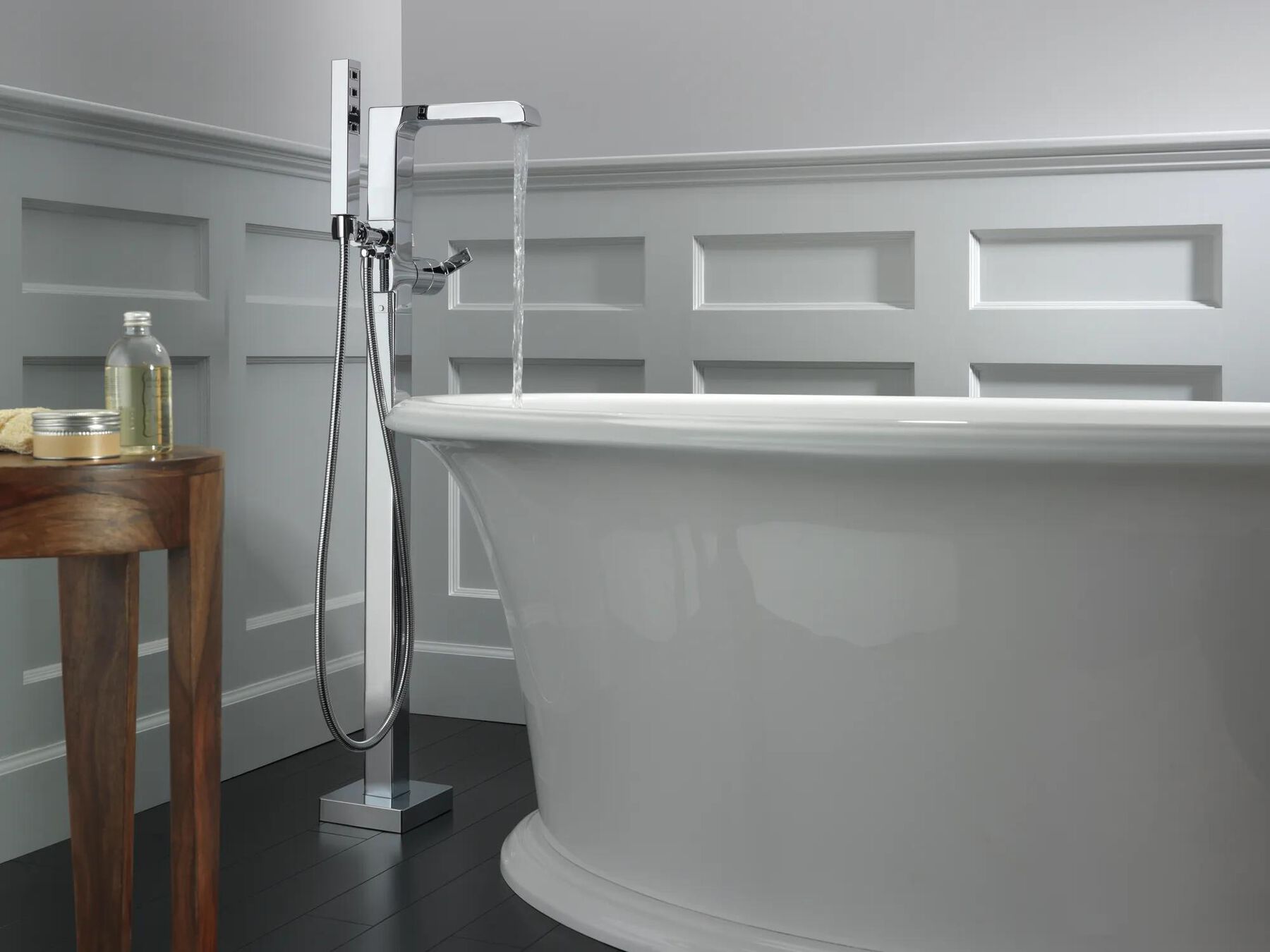 Single Handle Floor Mount Tub Filler Trim with Hand Shower