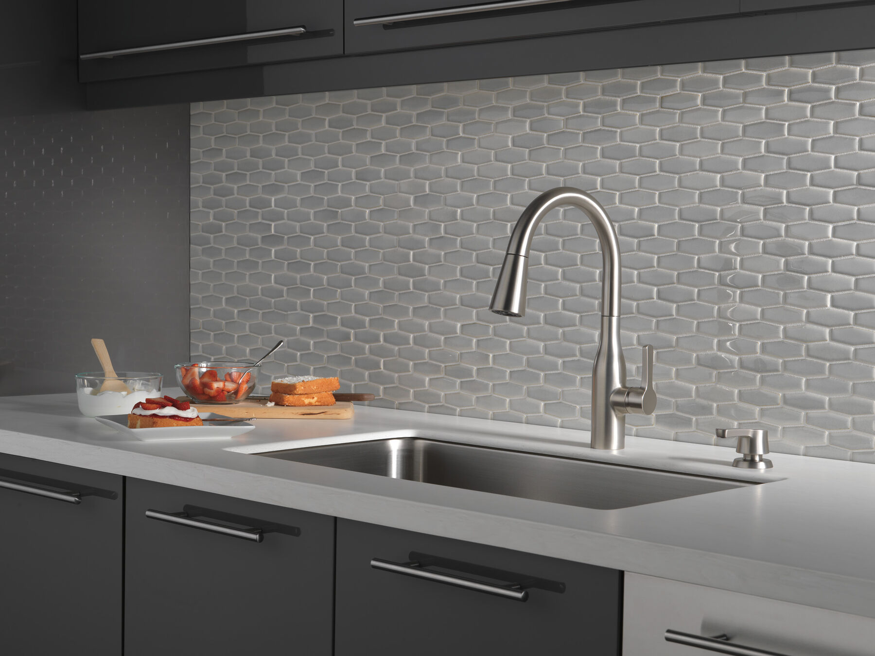 Single Handle Pull-Down Kitchen Faucet with Soap Dispenser and ShieldSpray&reg; Technology