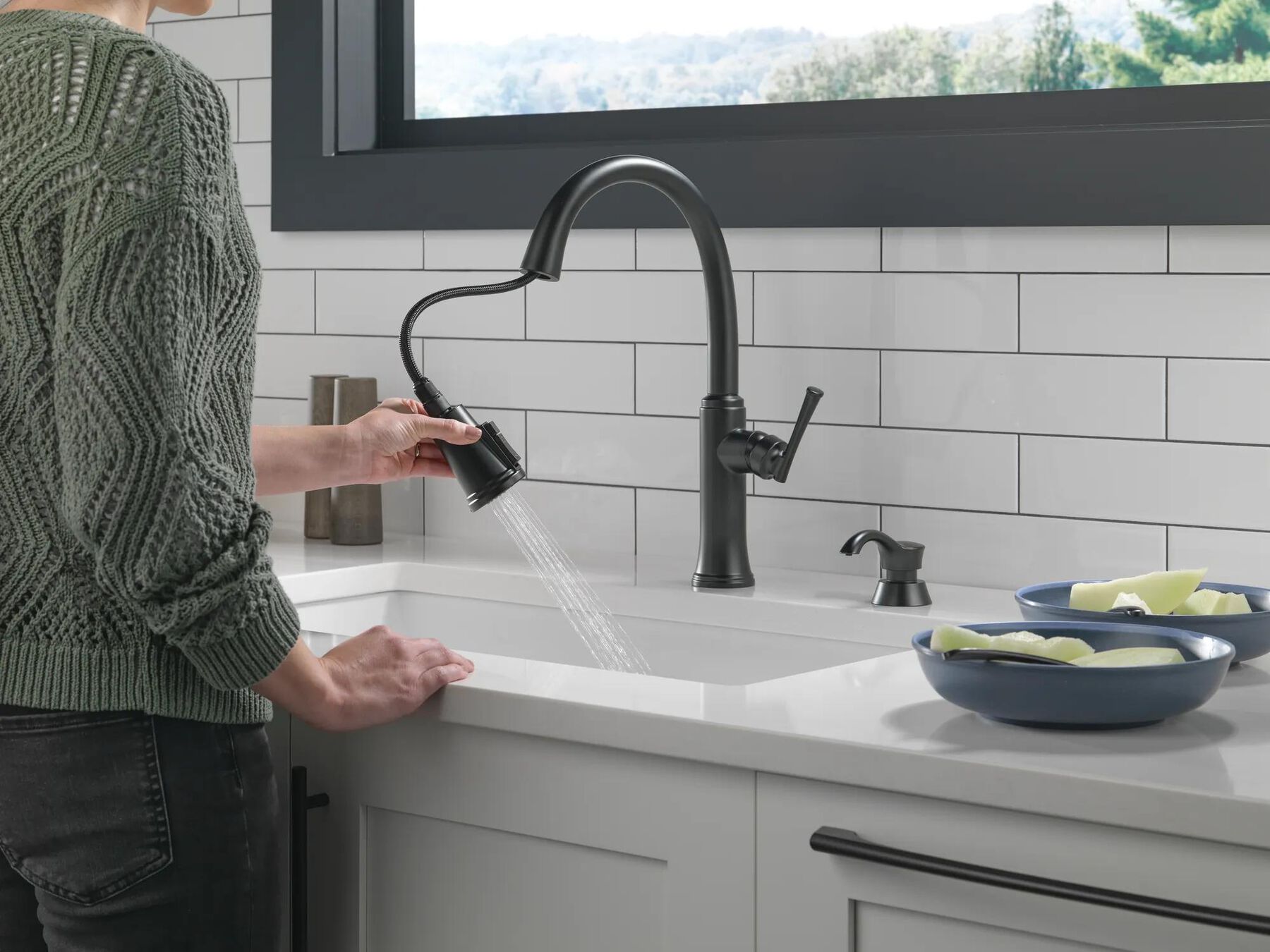 Single Handle Pull-Down Kitchen Faucet with Soap Dispenser and ShieldSpray Technology