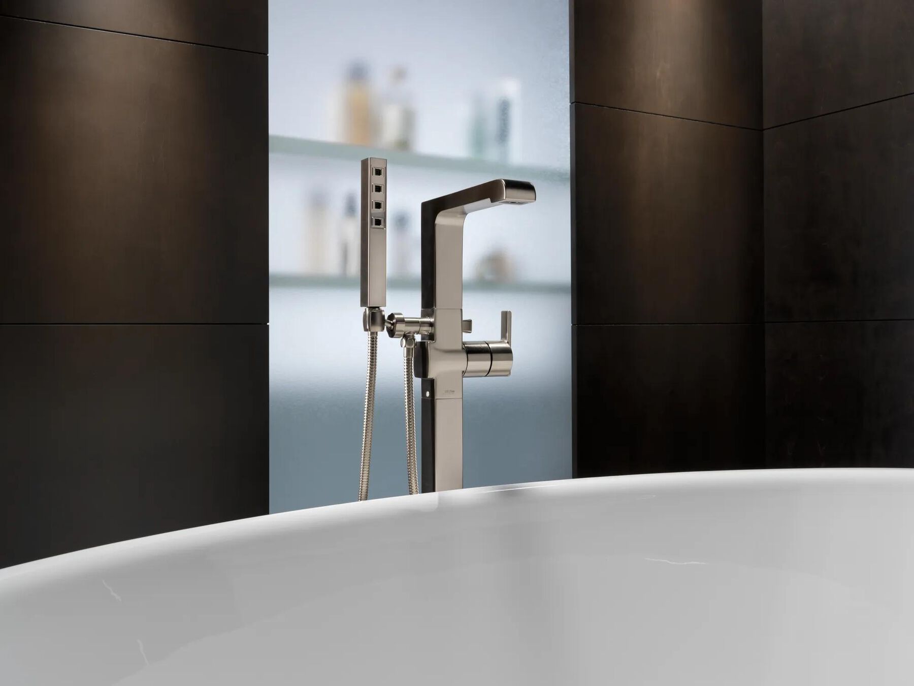 Single Handle Floor Mount Tub Filler Trim with Hand Shower