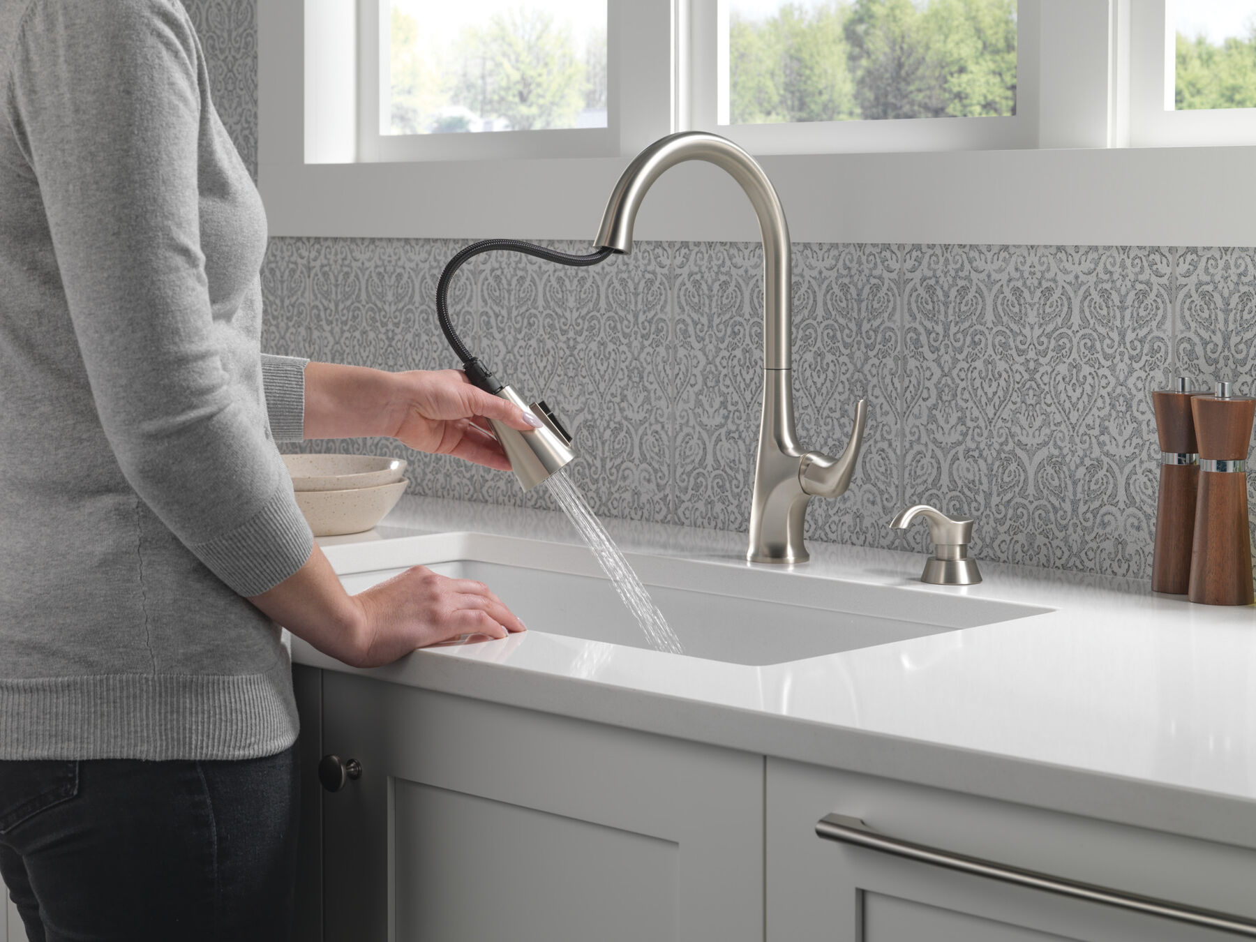 Single Handle Pull-Down Kitchen Faucet with Soap Dispenser and ShieldSpray Technology