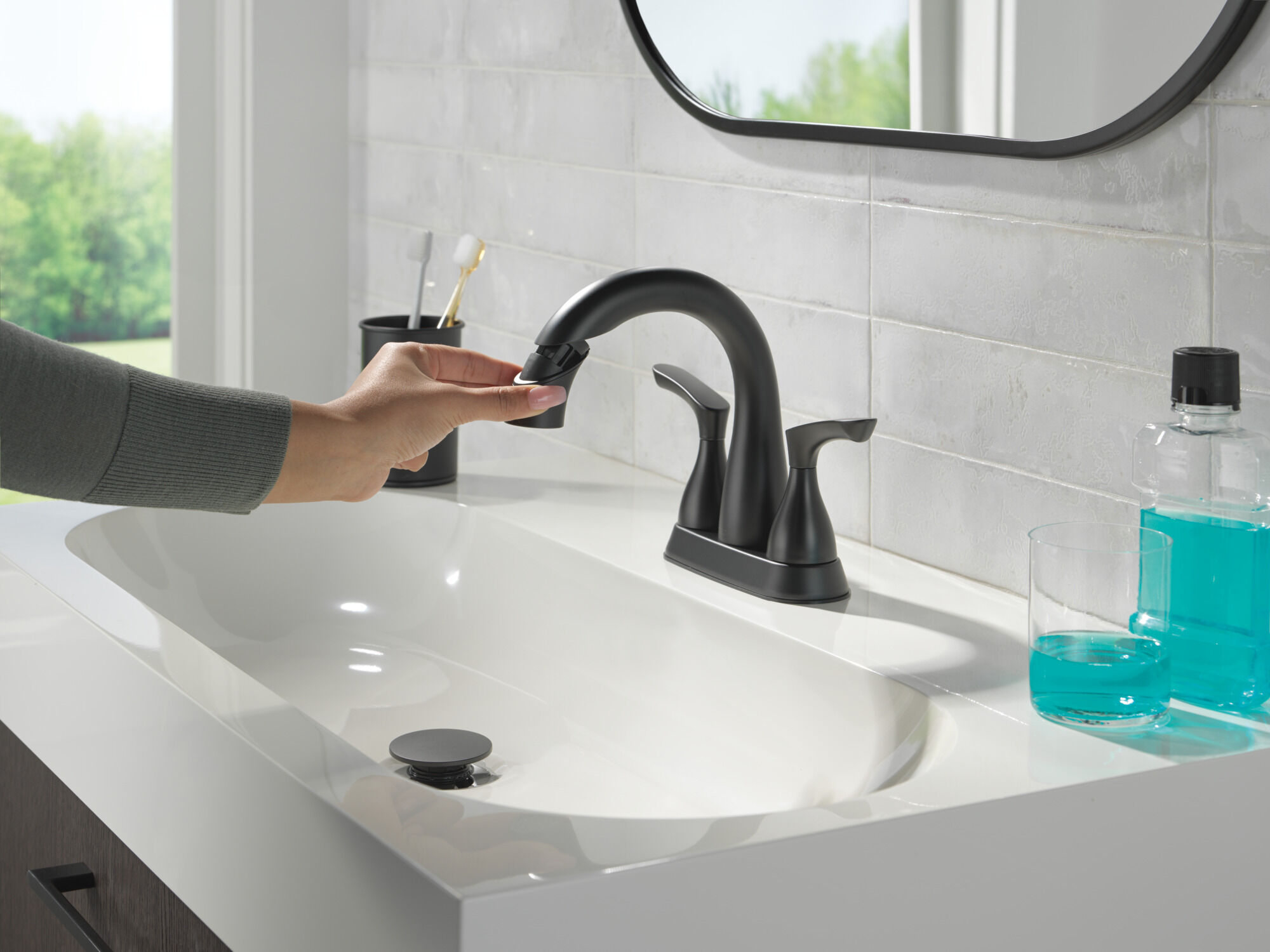 Two Handle Centerset Bathroom Faucet in Matte Black 25765LF-BLPD