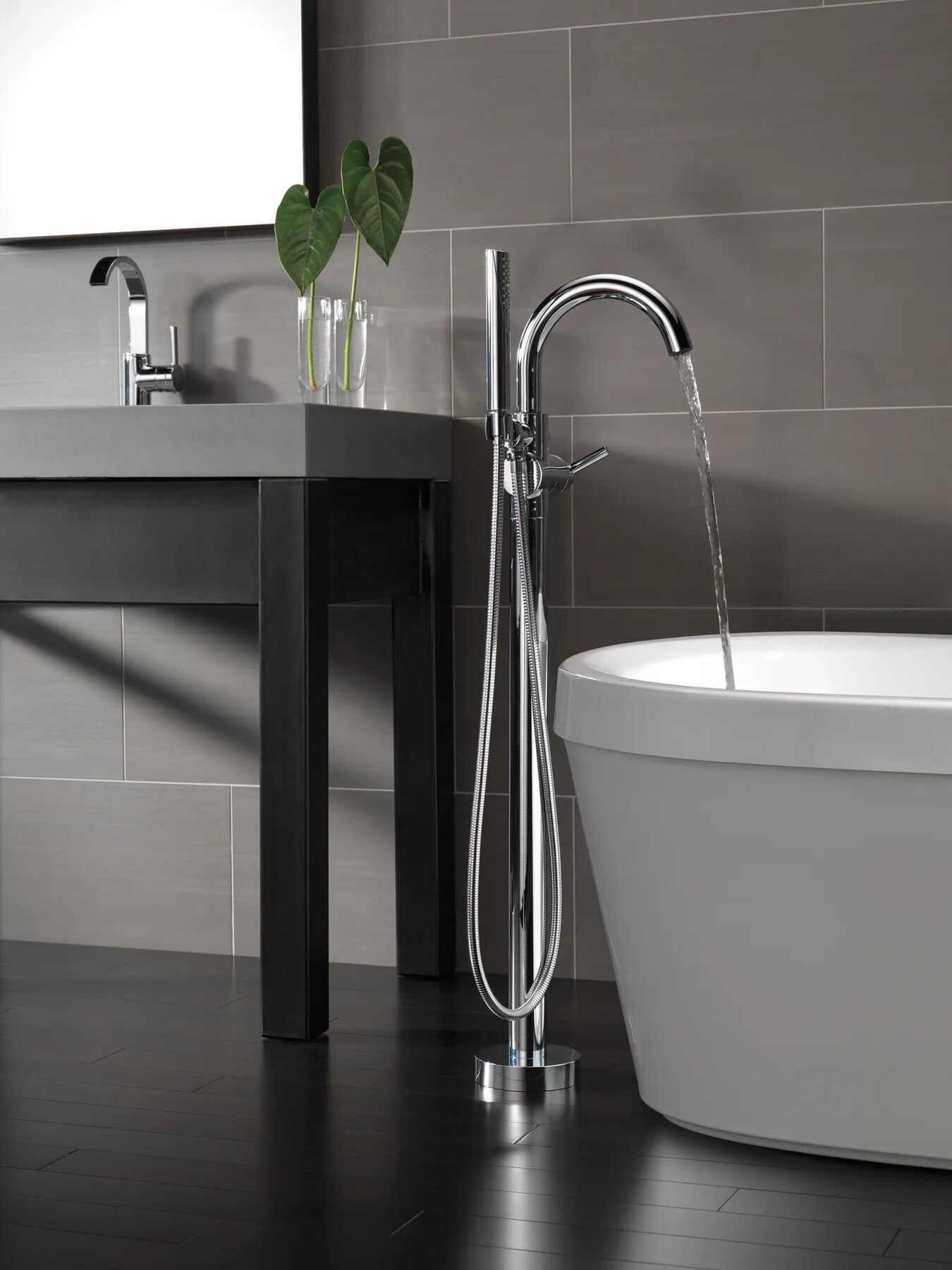 Contemporary Single Handle Floor Mount Tub Filler with Hand Shower