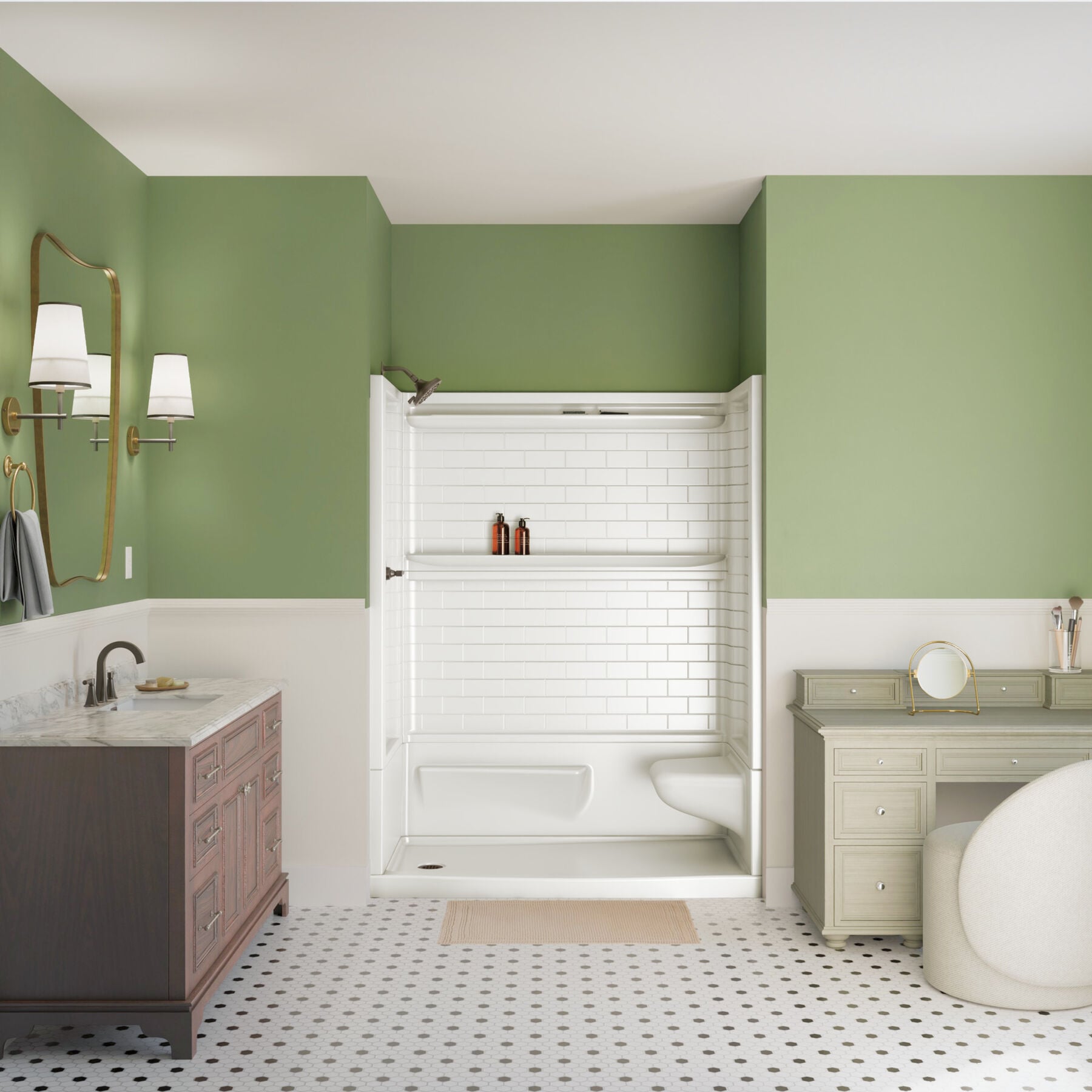 60x32 Alcove Shower Base with Tile Wall Bundle  - Right Seat Left Drain Curve