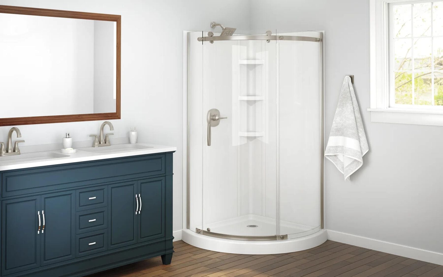 38x38 Corner Shower Bundle with Door - Frameless Round with Glue Up Wall Set