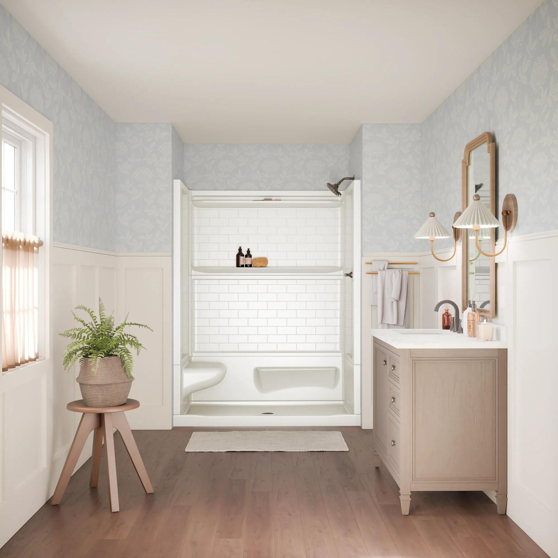 60x32 Alcove Shower Base with Tile Wall Bundle  - Left Seat Center Drain