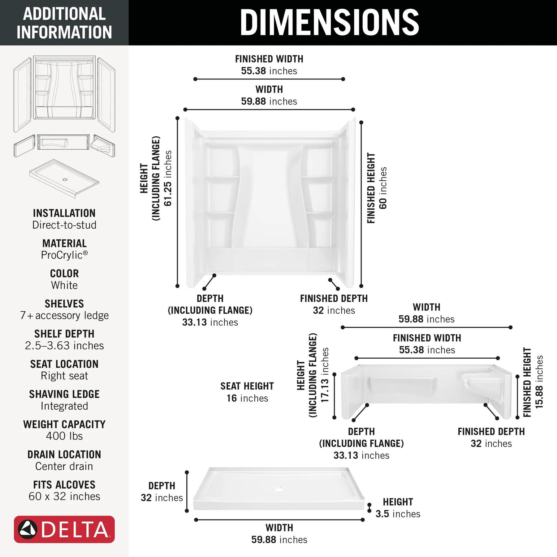 60x32 Alcove Shower Bundle  - Right Seat Center Drain