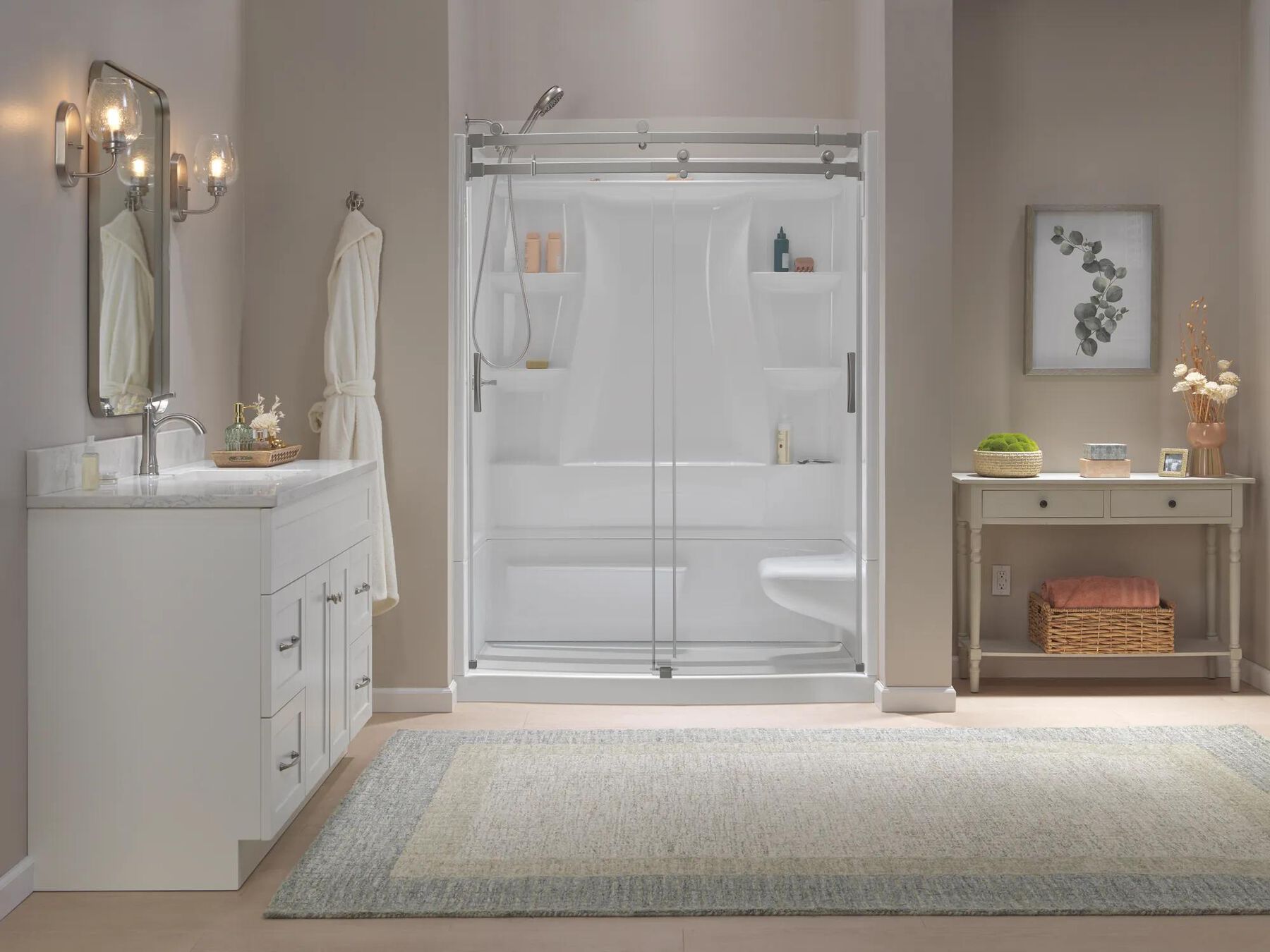 60x32 Alcove Shower Bundle with Door - Right Seat Center Drain Curve
