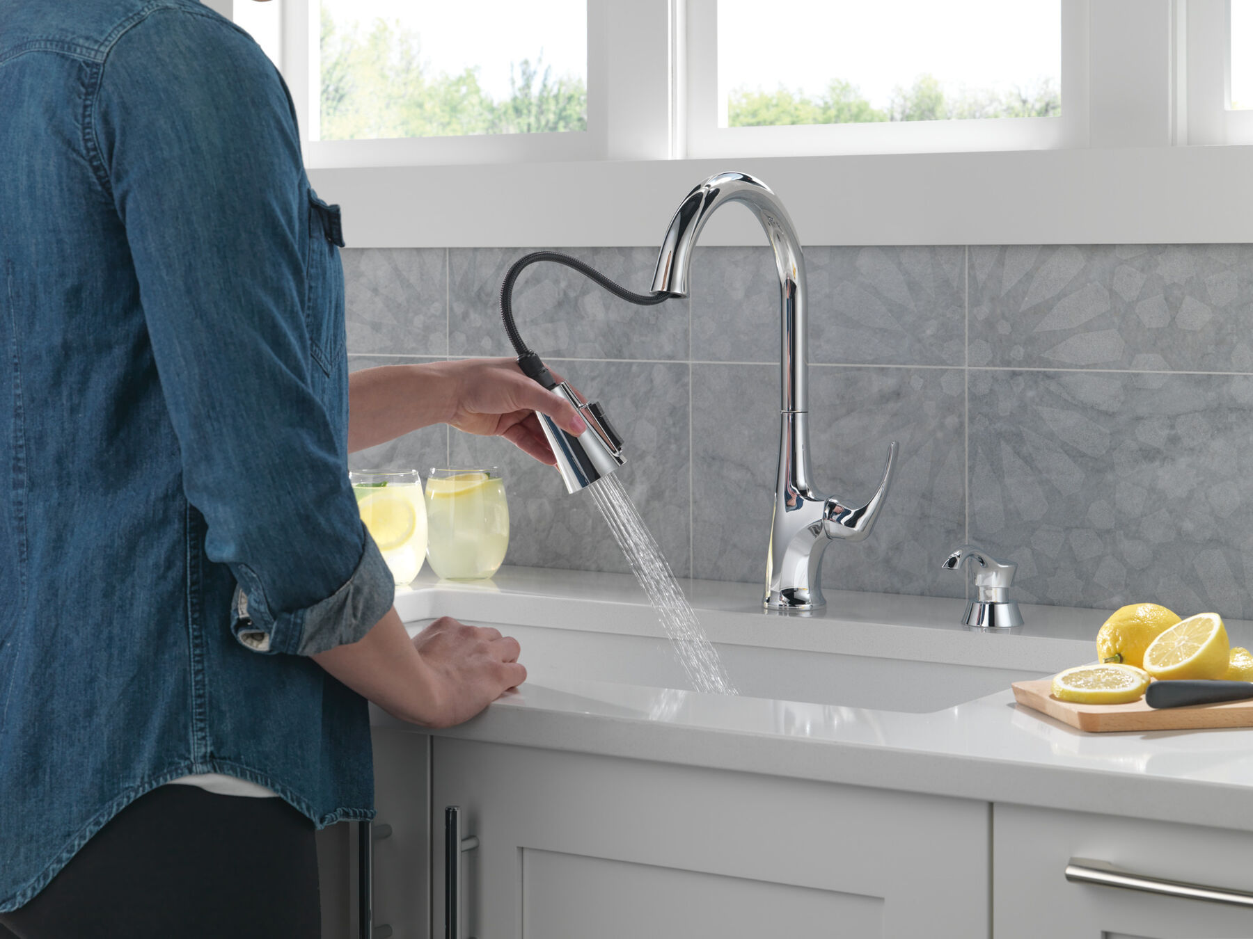 Single Handle Pull-Down Kitchen Faucet with Soap Dispenser and ShieldSpray Technology