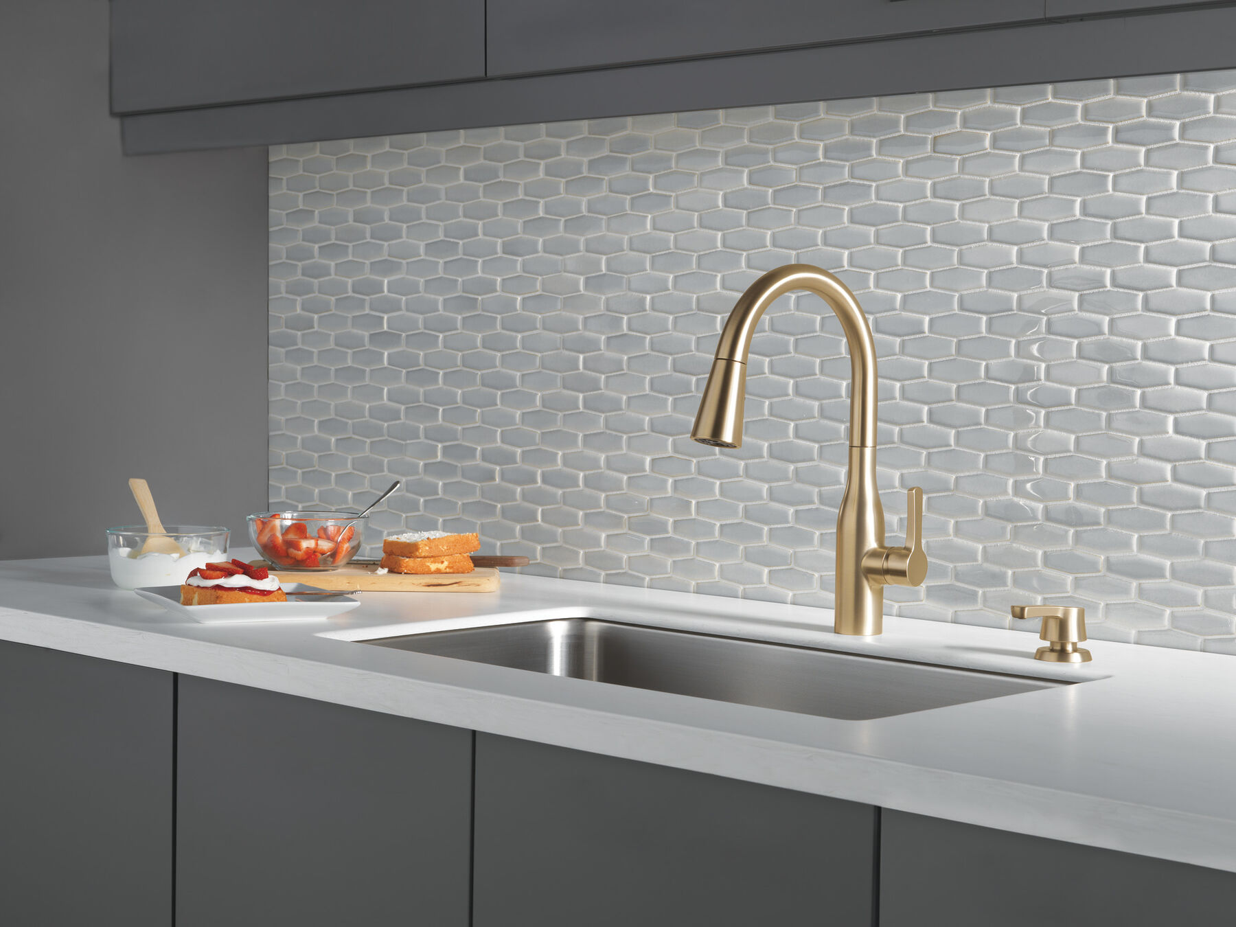 Single Handle Pull-Down Kitchen Faucet with Soap Dispenser and ShieldSpray&reg; Technology