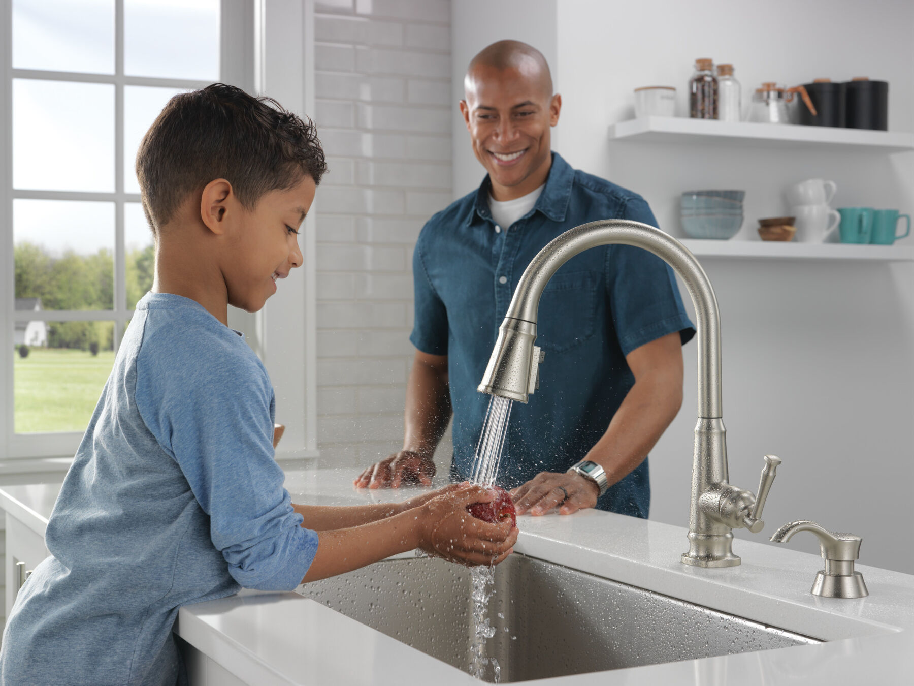 Single Handle Pull-Down Kitchen Faucet with Soap Dispenser and ShieldSpray Technology