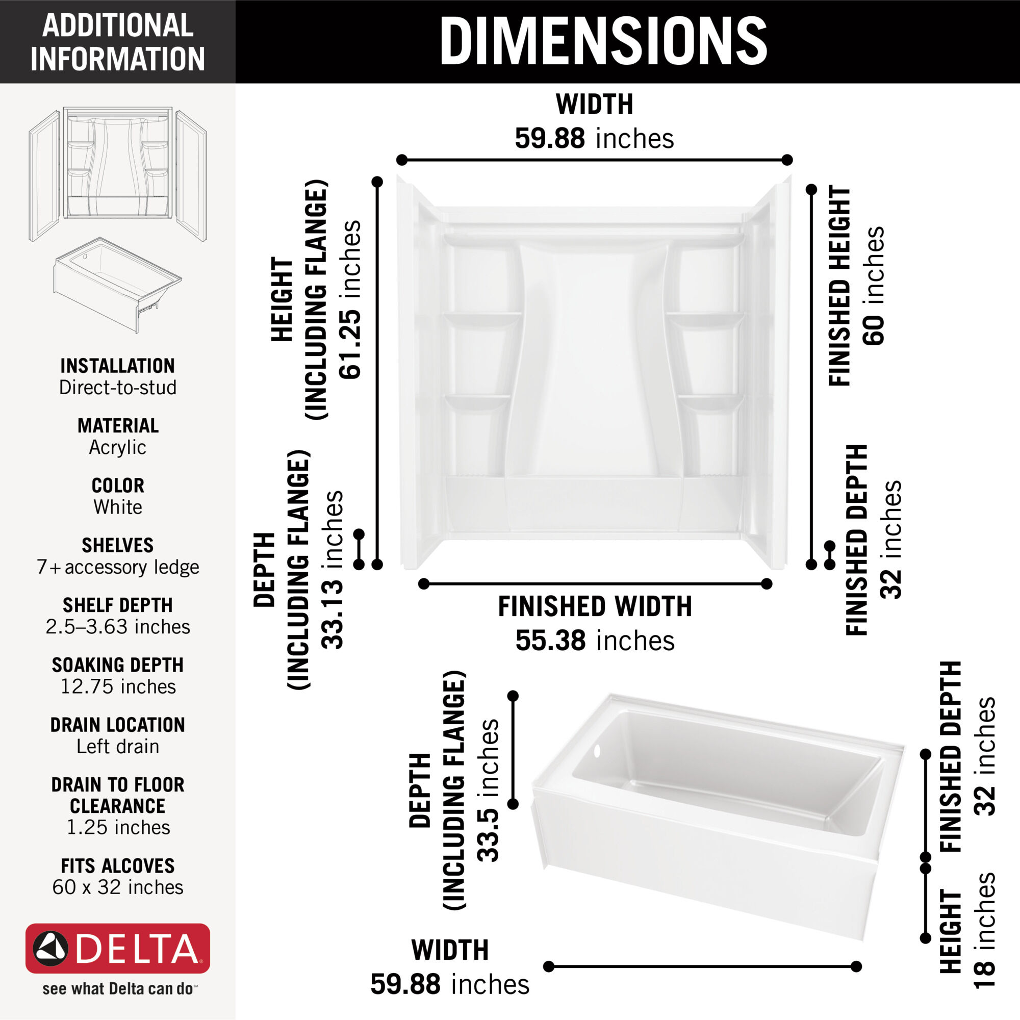 60x32 Alcove Bathtub Bundle - Left in High Gloss White BVS2-C521