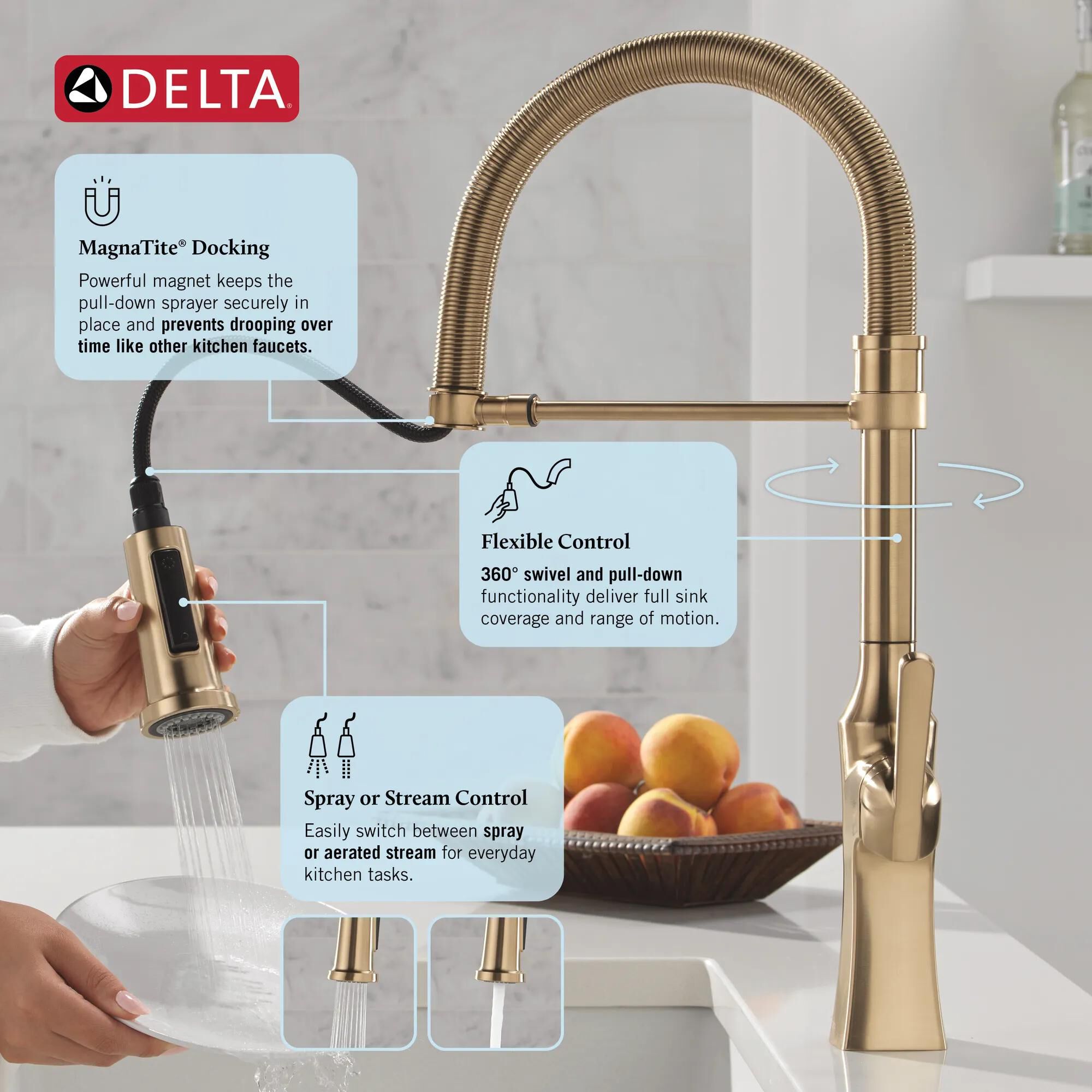 Single Handle Pull-Down Spring Kitchen Faucet in Champagne Bronze