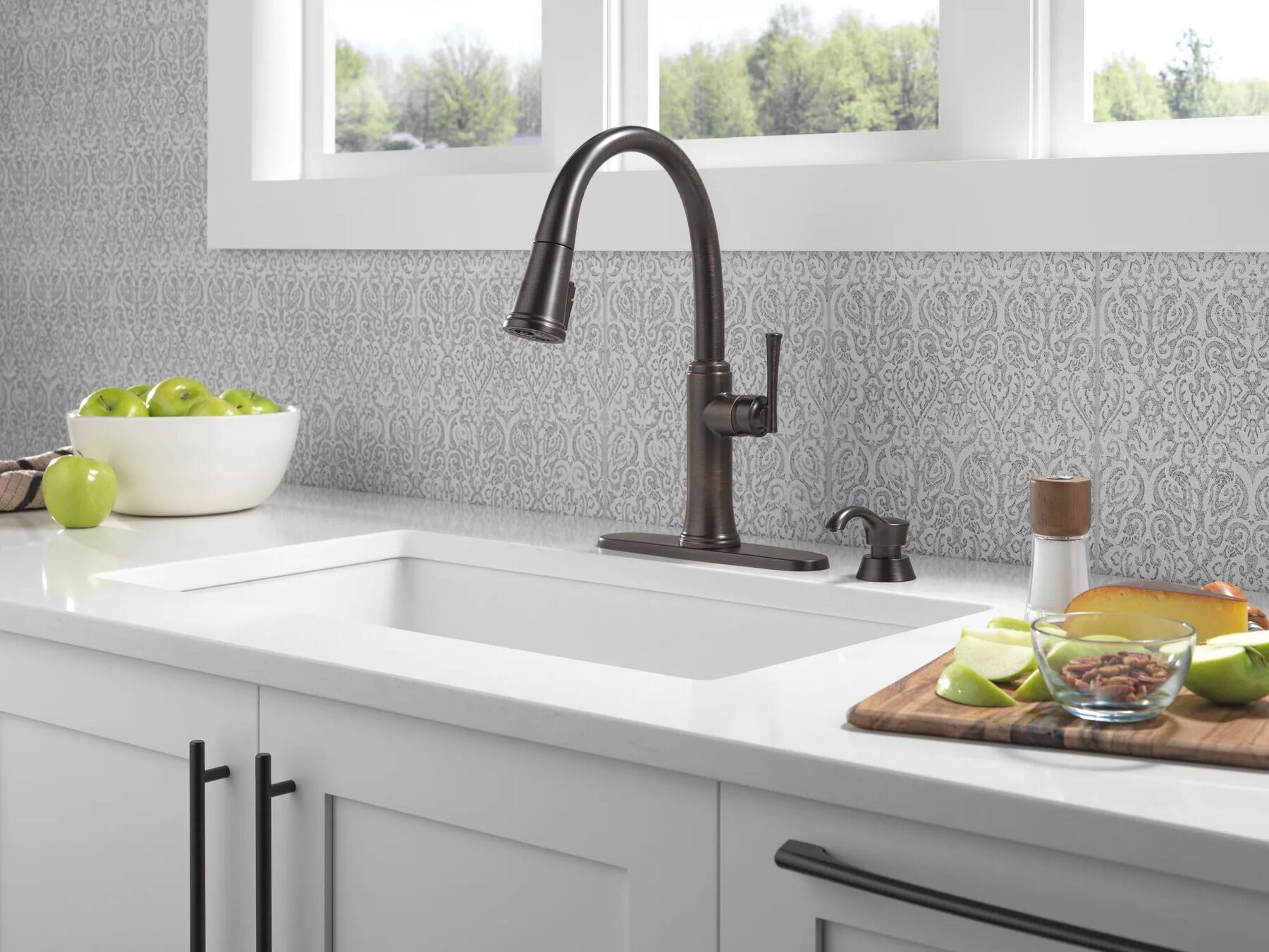 Single Handle Pull-Down Kitchen Faucet with Soap Dispenser and ShieldSpray Technology