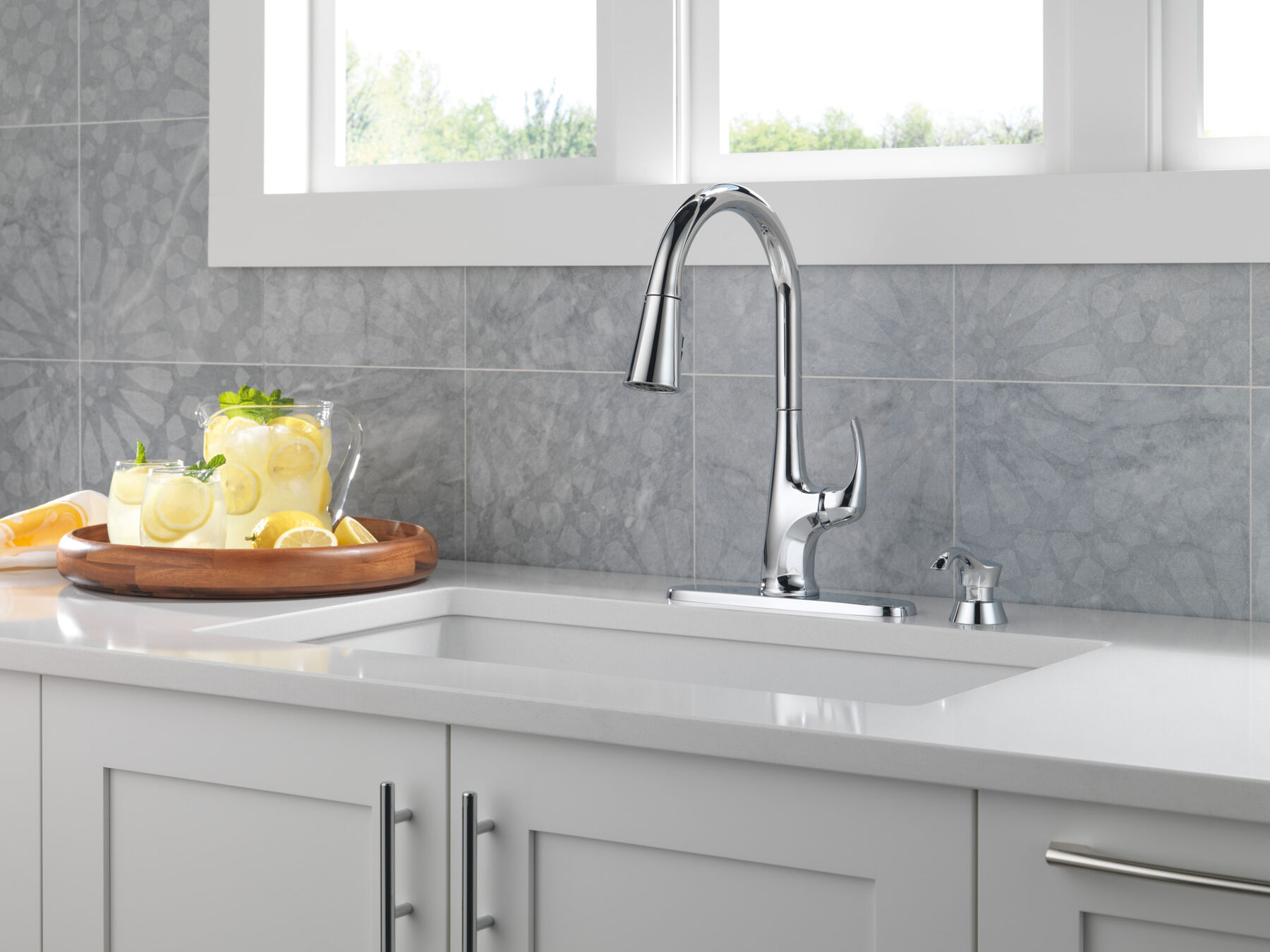 Single Handle Pull-Down Kitchen Faucet with Soap Dispenser and ShieldSpray Technology