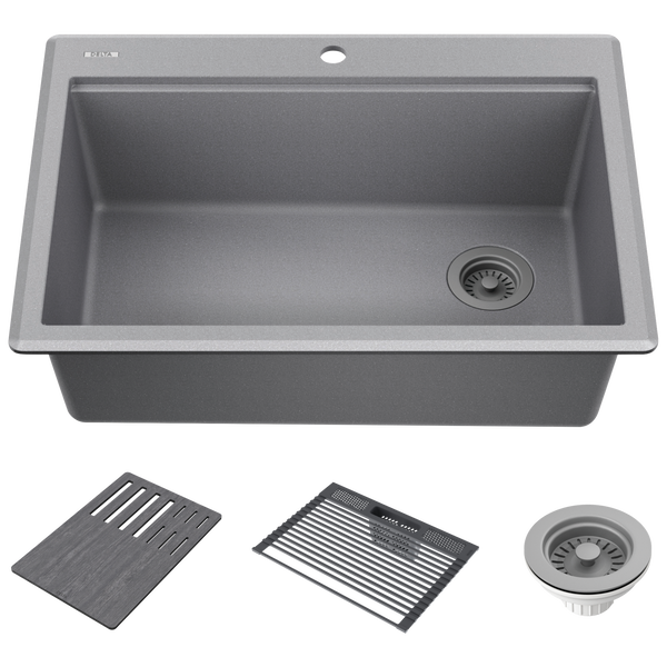 30&rdquo; Granite Composite Workstation Kitchen Sink Drop-In Top Mount Single Bowl with WorkFlow&trade; Ledge and Accessories in Dark Grey