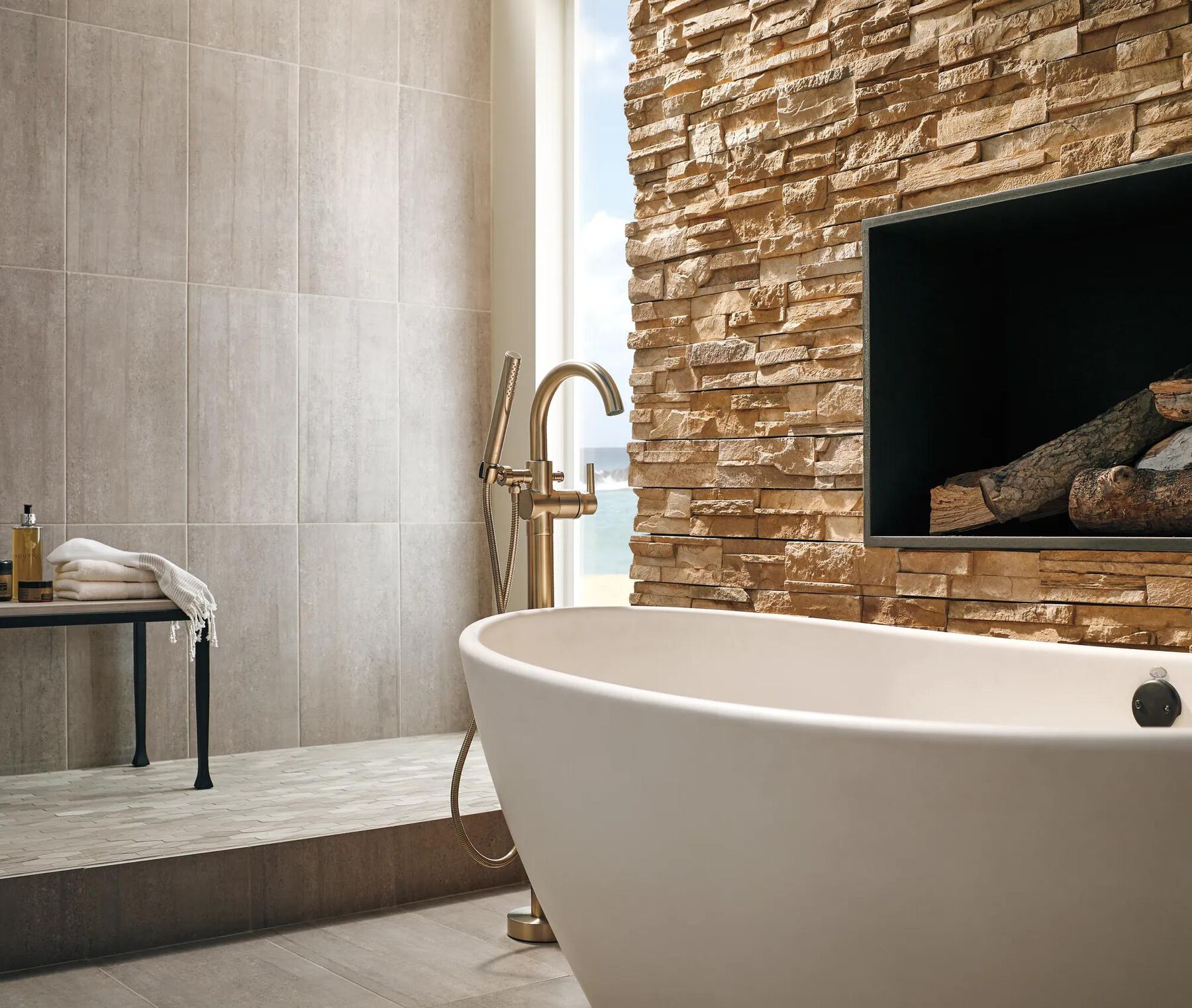 Single Handle Floor Mount Tub Filler Trim with Hand Shower