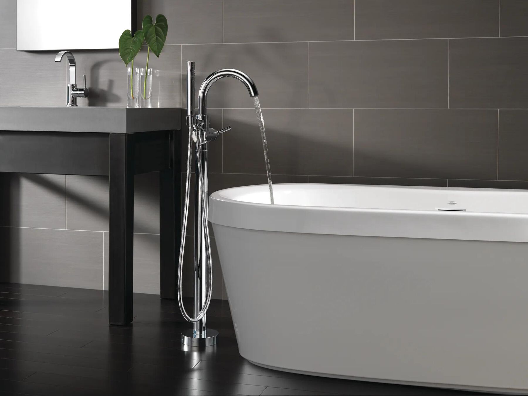Contemporary Single Handle Floor Mount Tub Filler with Hand Shower