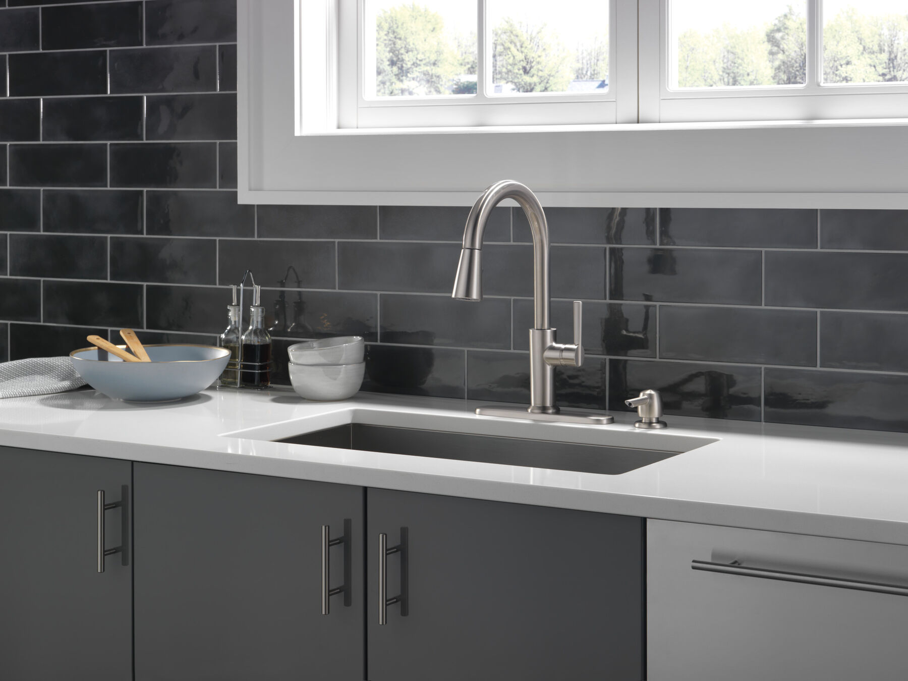 Single Handle Pull-Down Kitchen Faucet with Soap Dispenser and ShieldSpray Technology