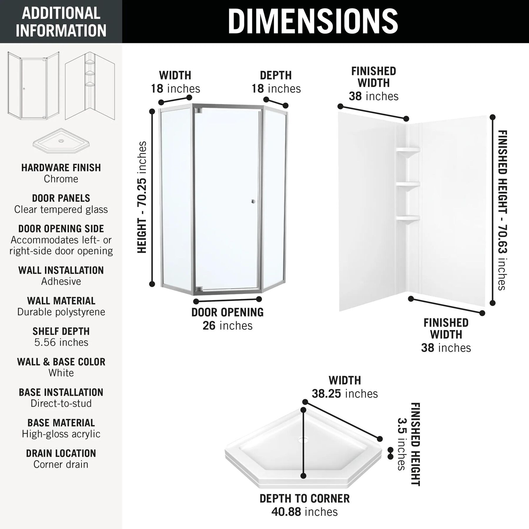 38x38 Corner Shower Bundle with Door - Framed Neo with Glue Up Wall Set