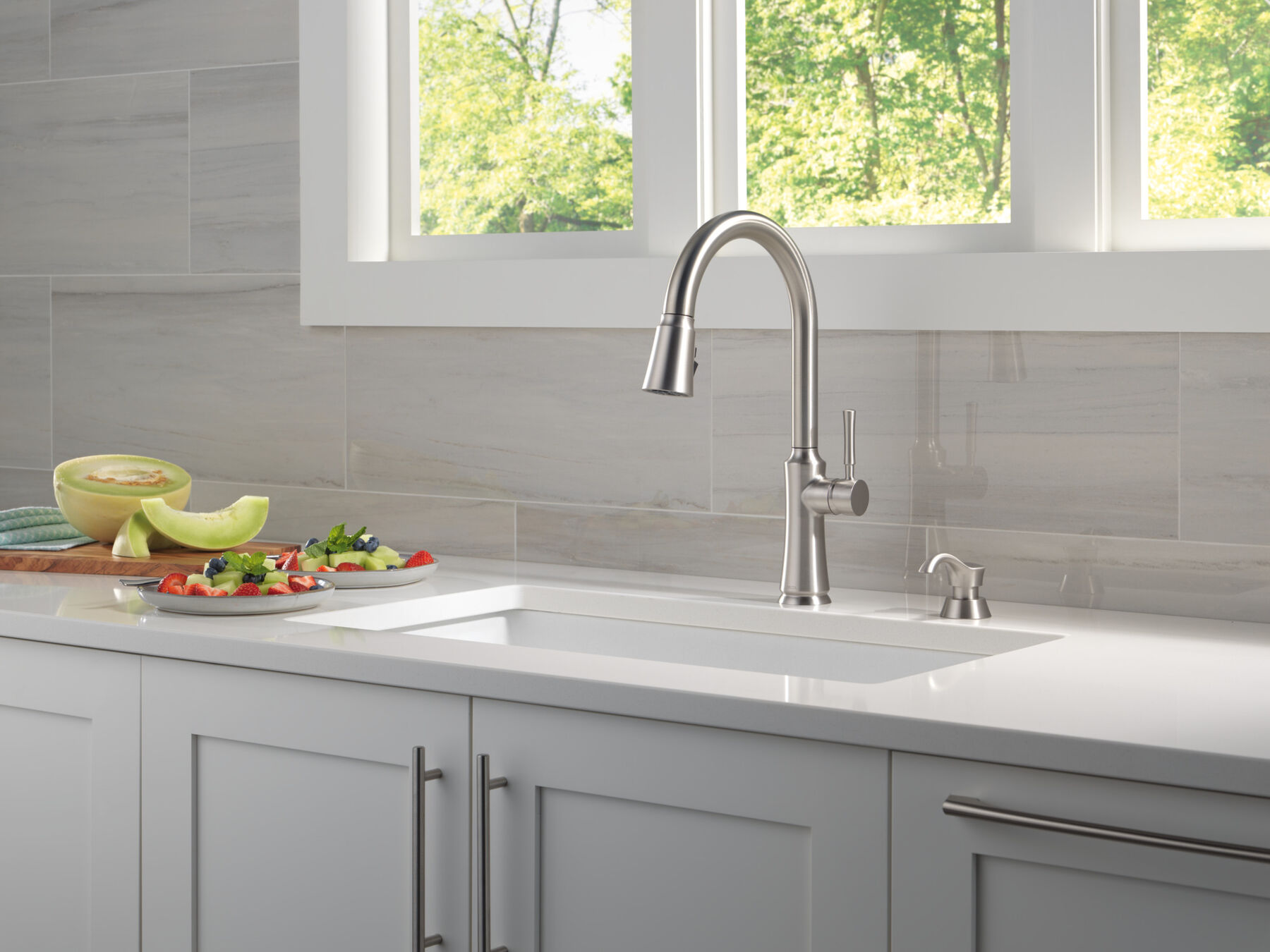 Single Handle Pull-Down Kitchen Faucet with Soap Dispenser and ShieldSpray Technology