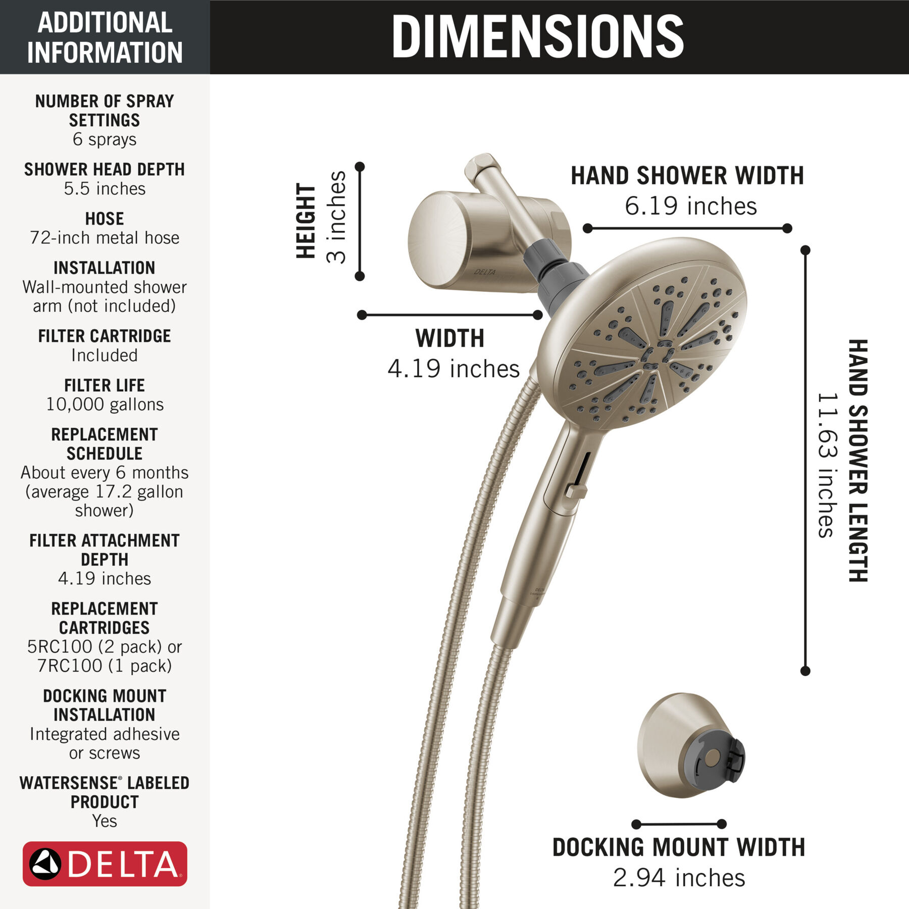 Standard Shower Filter with 6-Setting Showerhead and Mount Bundle
