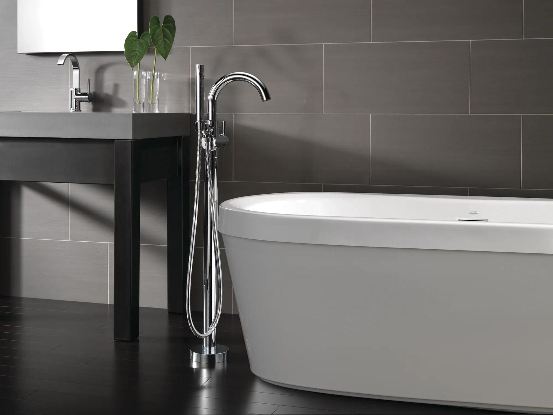 Contemporary Single Handle Floor Mount Tub Filler with Hand Shower