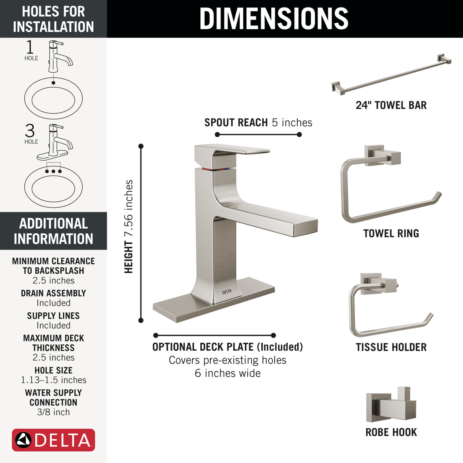 Single Handle Lavatory Faucet with Bathroom Accessories Bundle