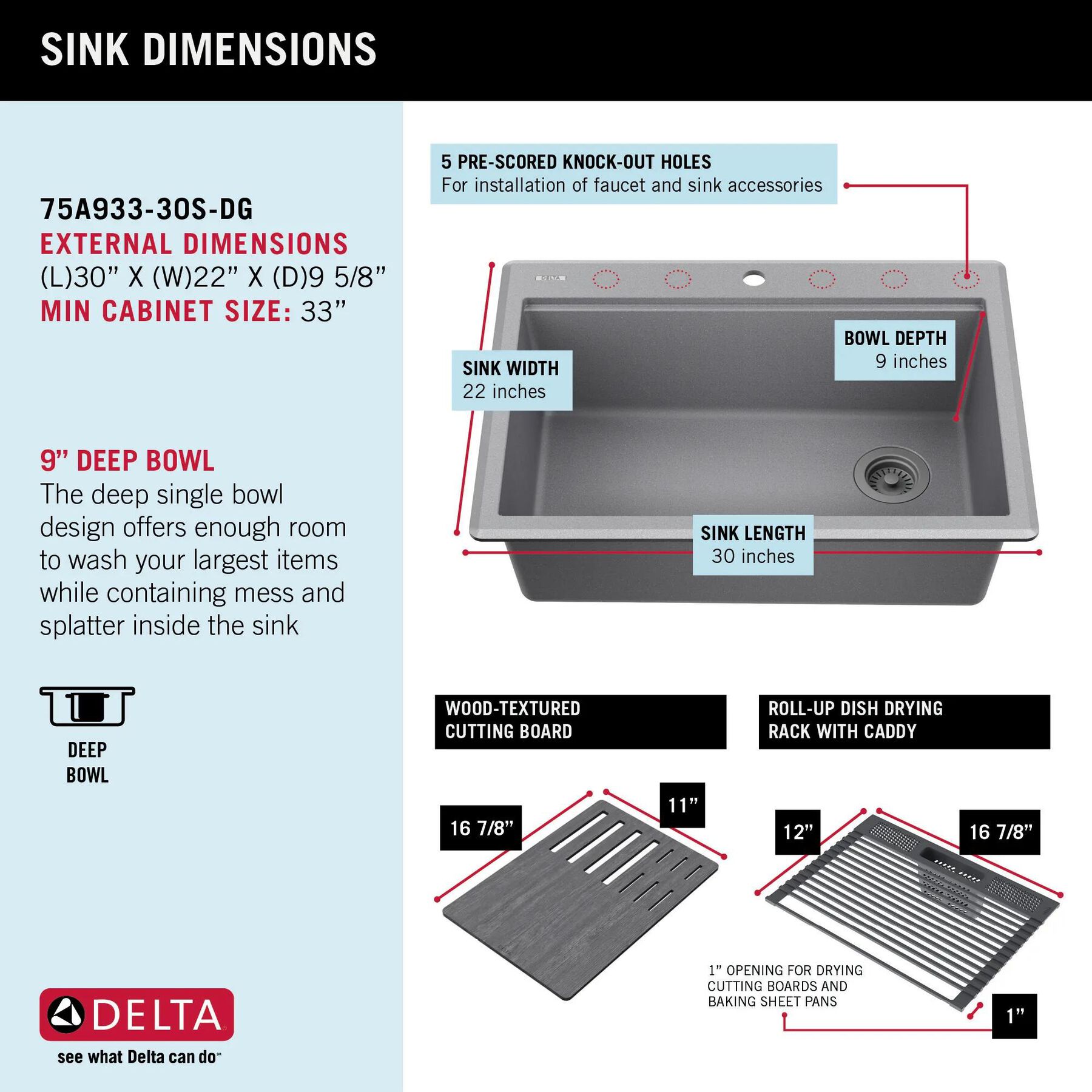 30&rdquo; Granite Composite Workstation Kitchen Sink Drop-In Top Mount Single Bowl with WorkFlow&trade; Ledge and Accessories in Dark Grey