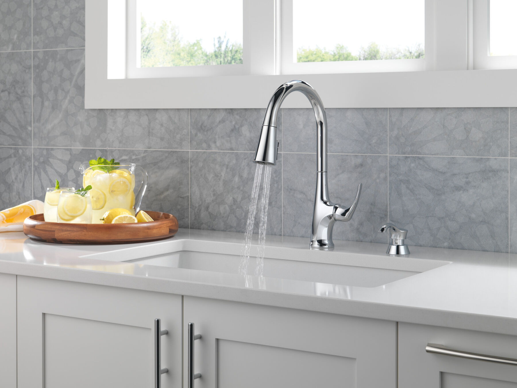 Single Handle Pull-Down Kitchen Faucet with Soap Dispenser and ShieldSpray Technology
