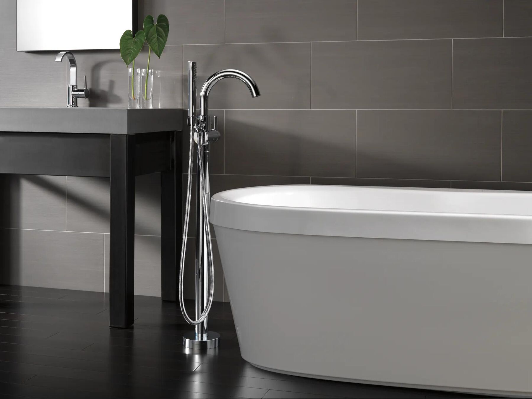 Contemporary Single Handle Floor Mount Tub Filler with Hand Shower