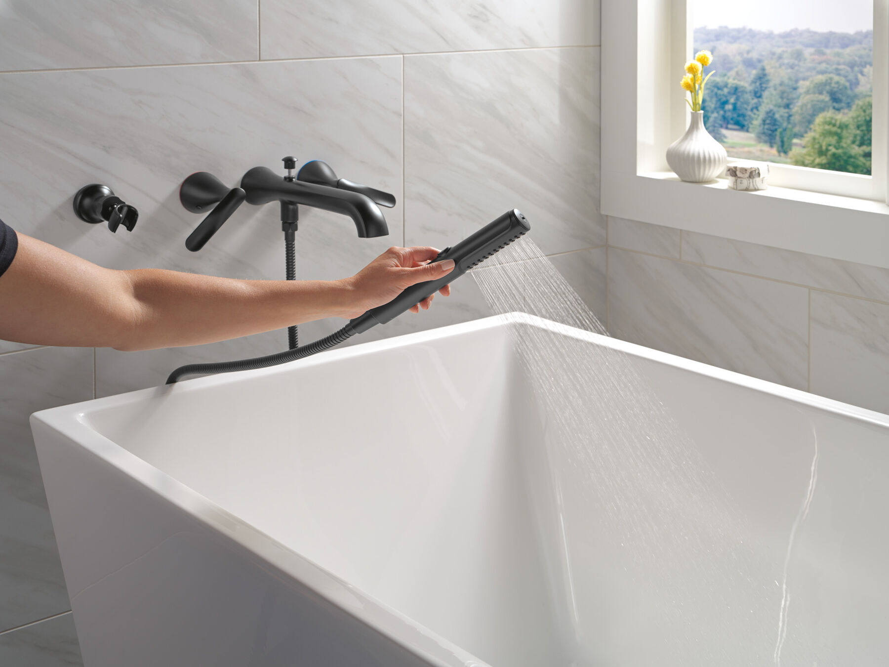 Two Handle Wall Mount Tub Filler Trim with Hand Shower