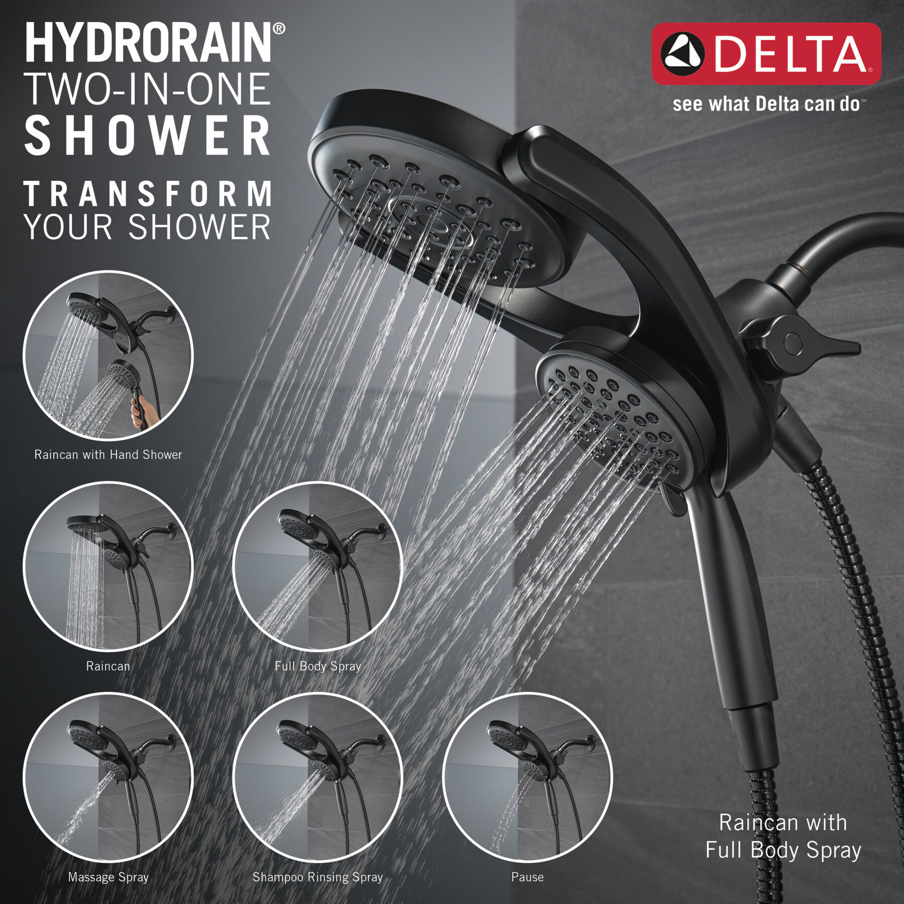HydroRain&reg; 4-Setting Two-in-One Shower Head (Recertified)