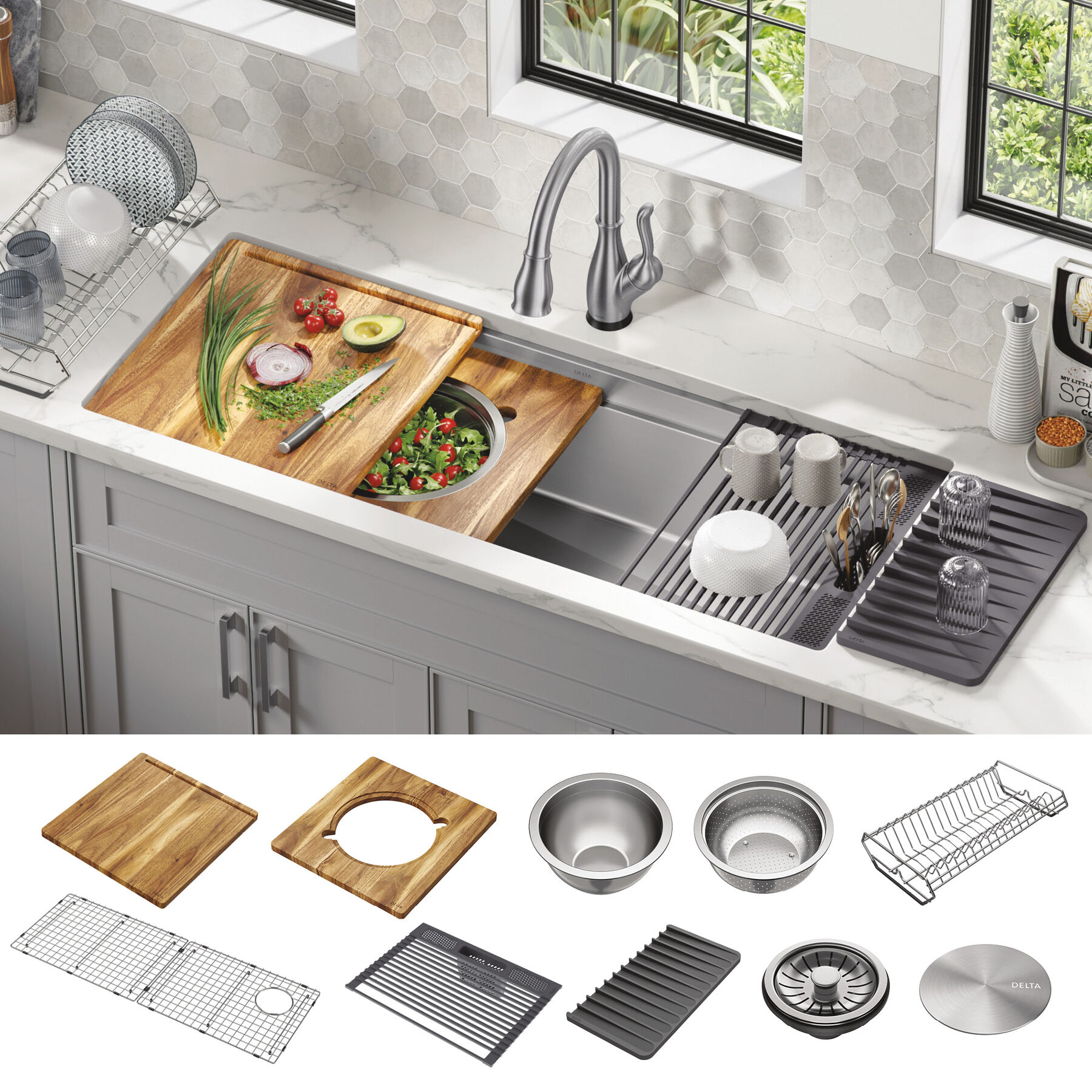 45&rdquo; Workstation Undermount Single Bowl 16 Gauge Stainless Steel Kitchen Sink with 2-Tier&nbsp;WorkFlow&trade; Ledge and Accessories