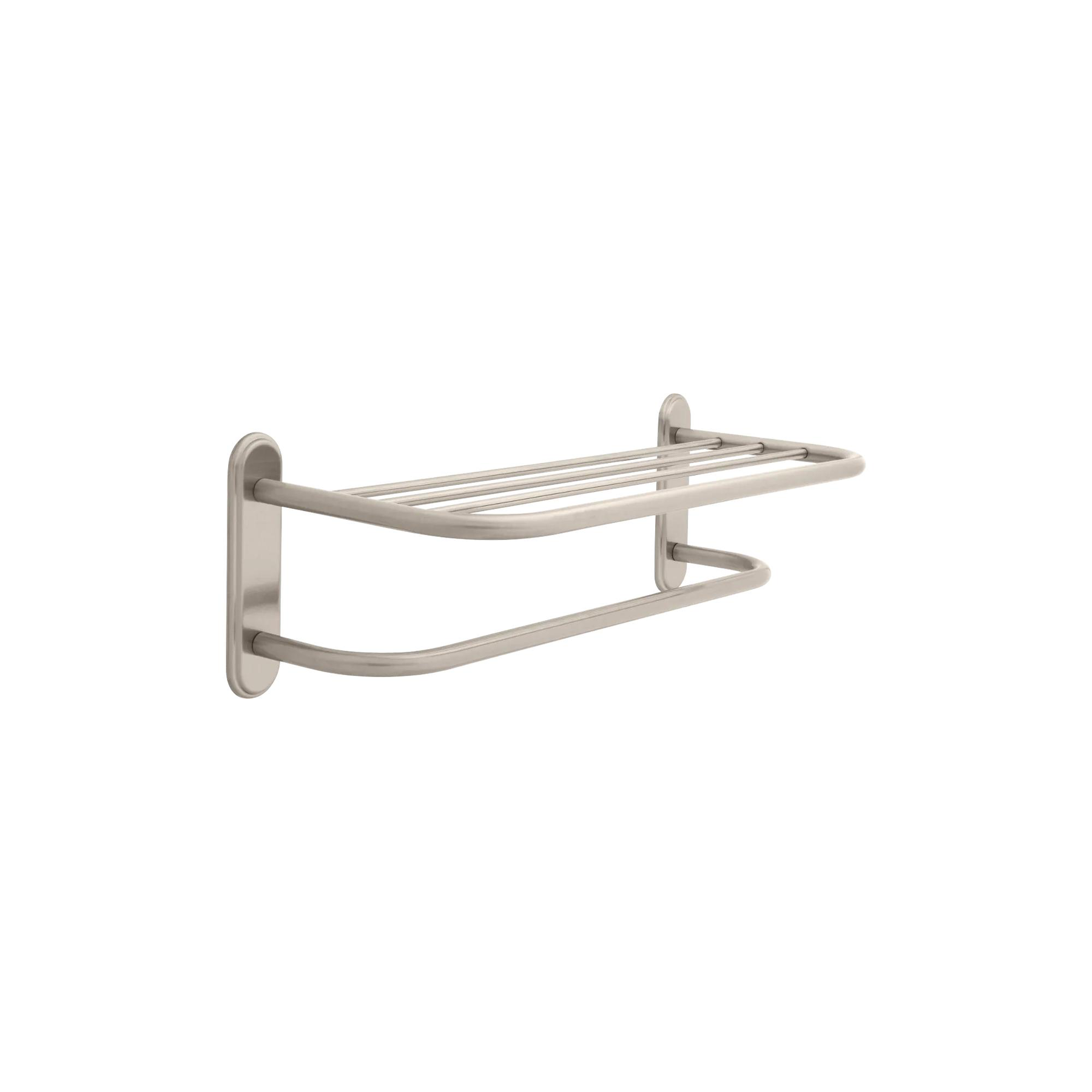 24" Brass Towel Shelf with Brass Step Style Beveled Flanges and One Bar, Concealed Mounting