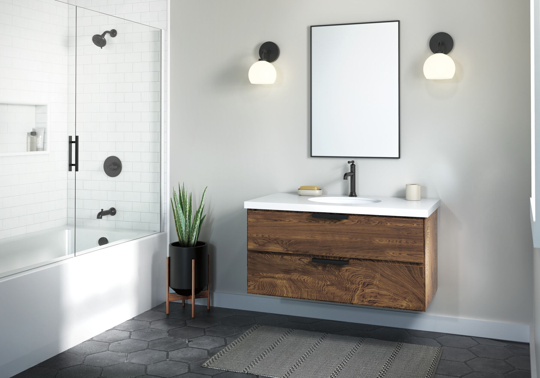 Single Handle Lavatory Faucet with 14 Series Tub Shower Trim and Rough Bundle