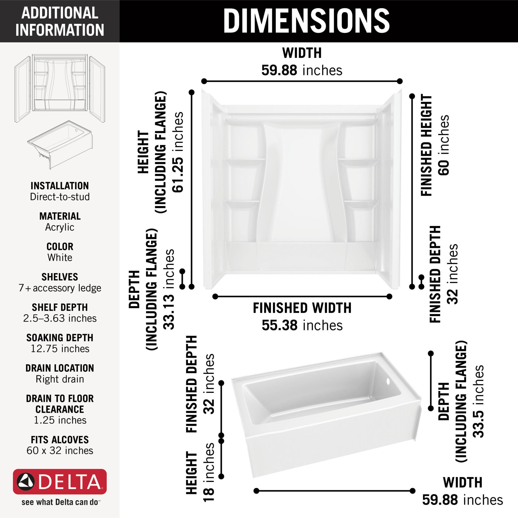 60x32 Alcove Bathtub Bundle - Right in High Gloss White BVS2-C522
