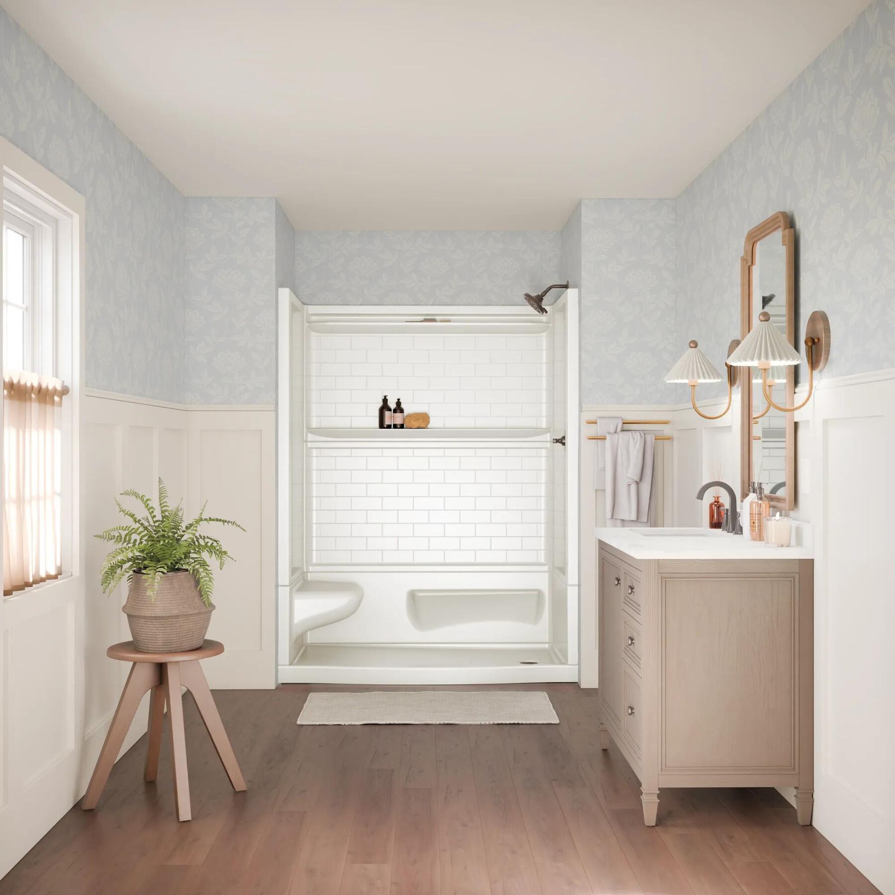 60x32 Alcove Shower Base with Tile Wall Bundle  - Left Seat Right Drain Curve