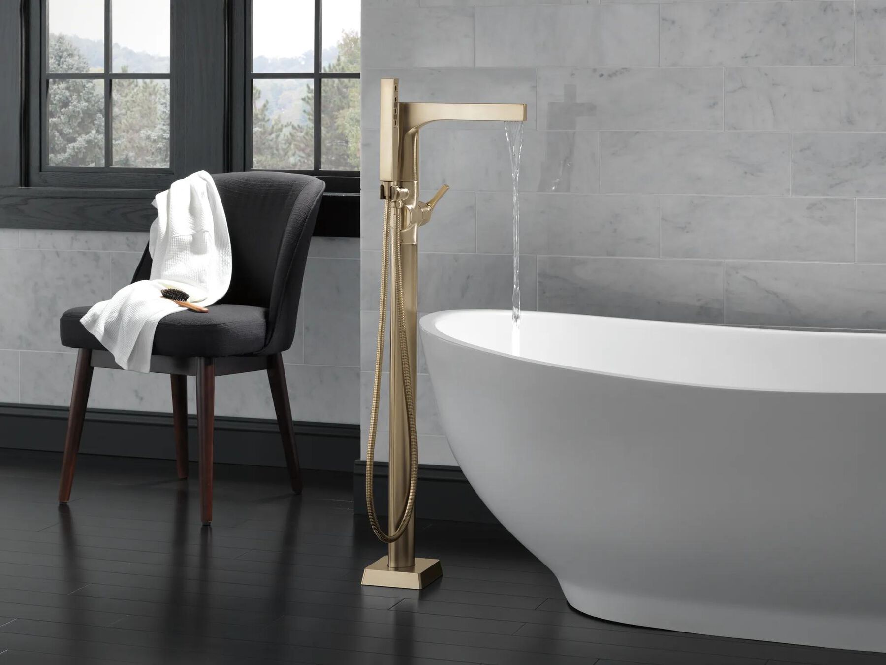 Single Handle Floor Mount Tub Filler Trim with Hand Shower