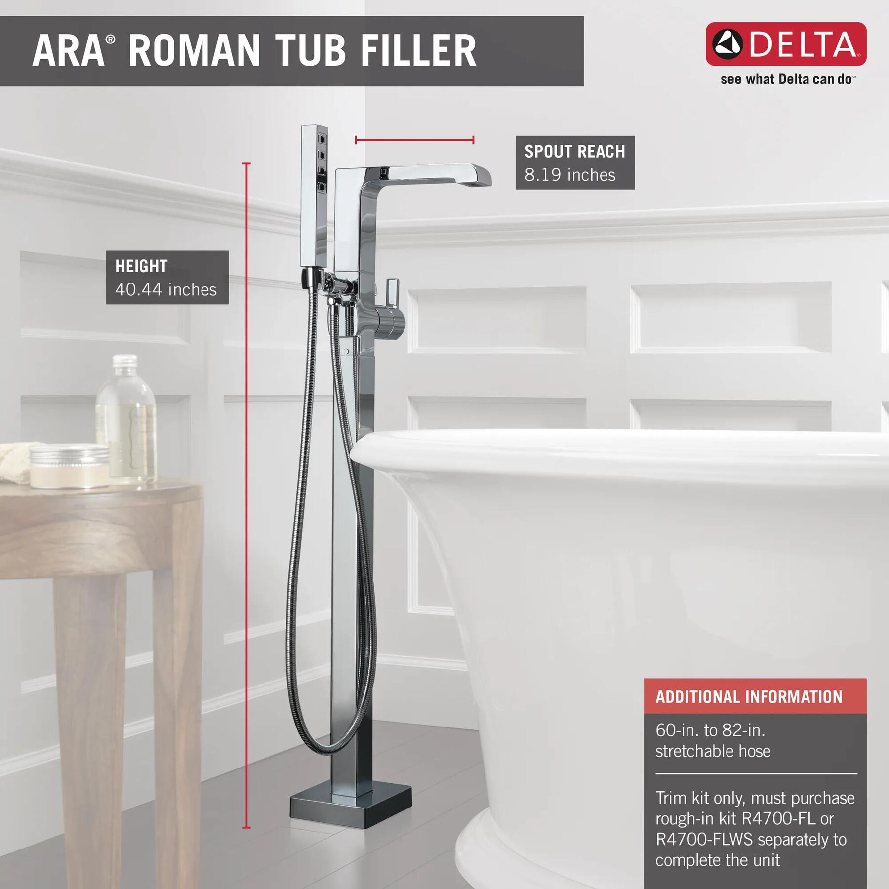 Single Handle Floor Mount Tub Filler Trim with Hand Shower