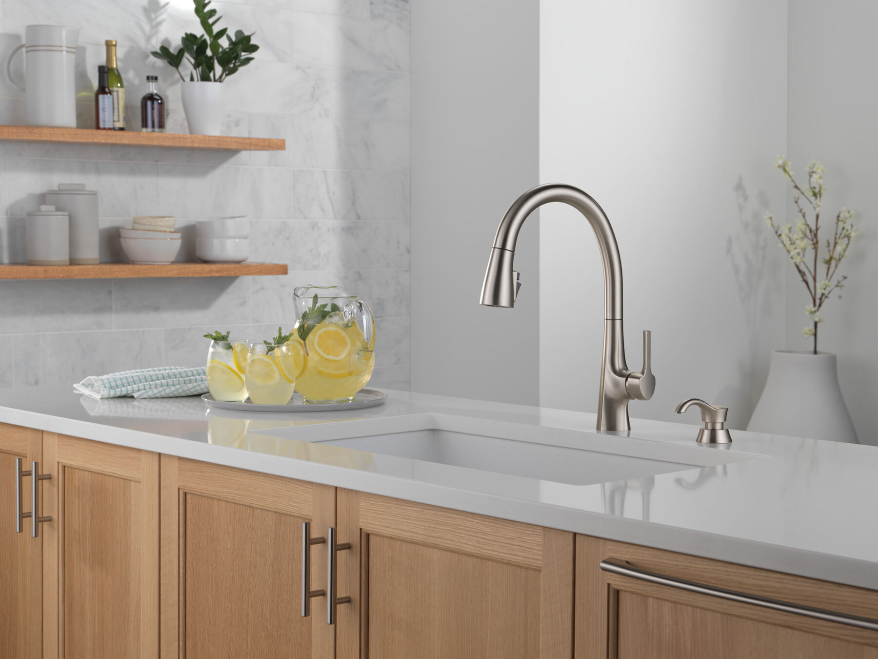 Single Handle Pull-Down Kitchen Faucet with Soap Dispenser and ShieldSpray Technology