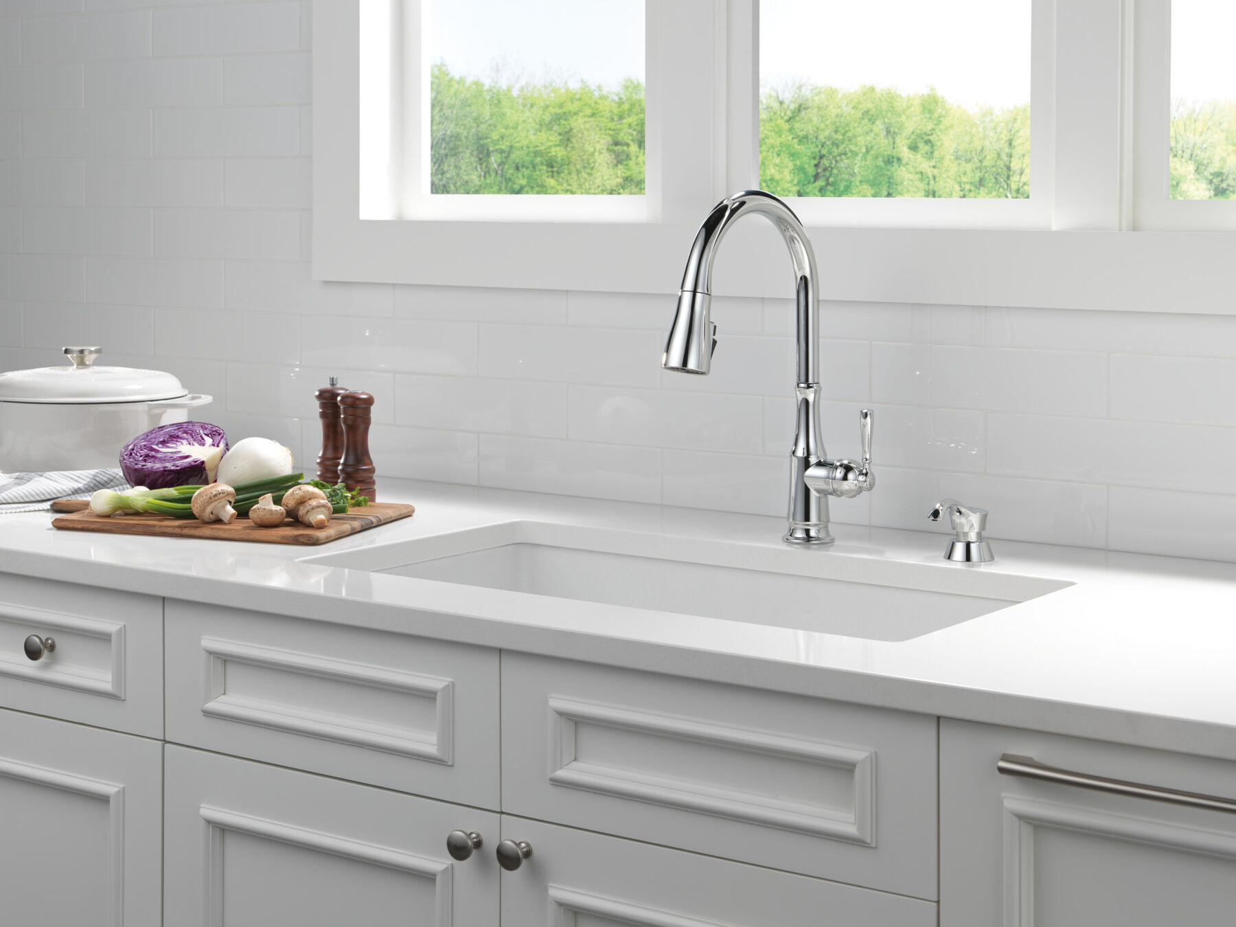 Single Handle Pull-Down Kitchen Faucet with Soap Dispenser and ShieldSpray Technology