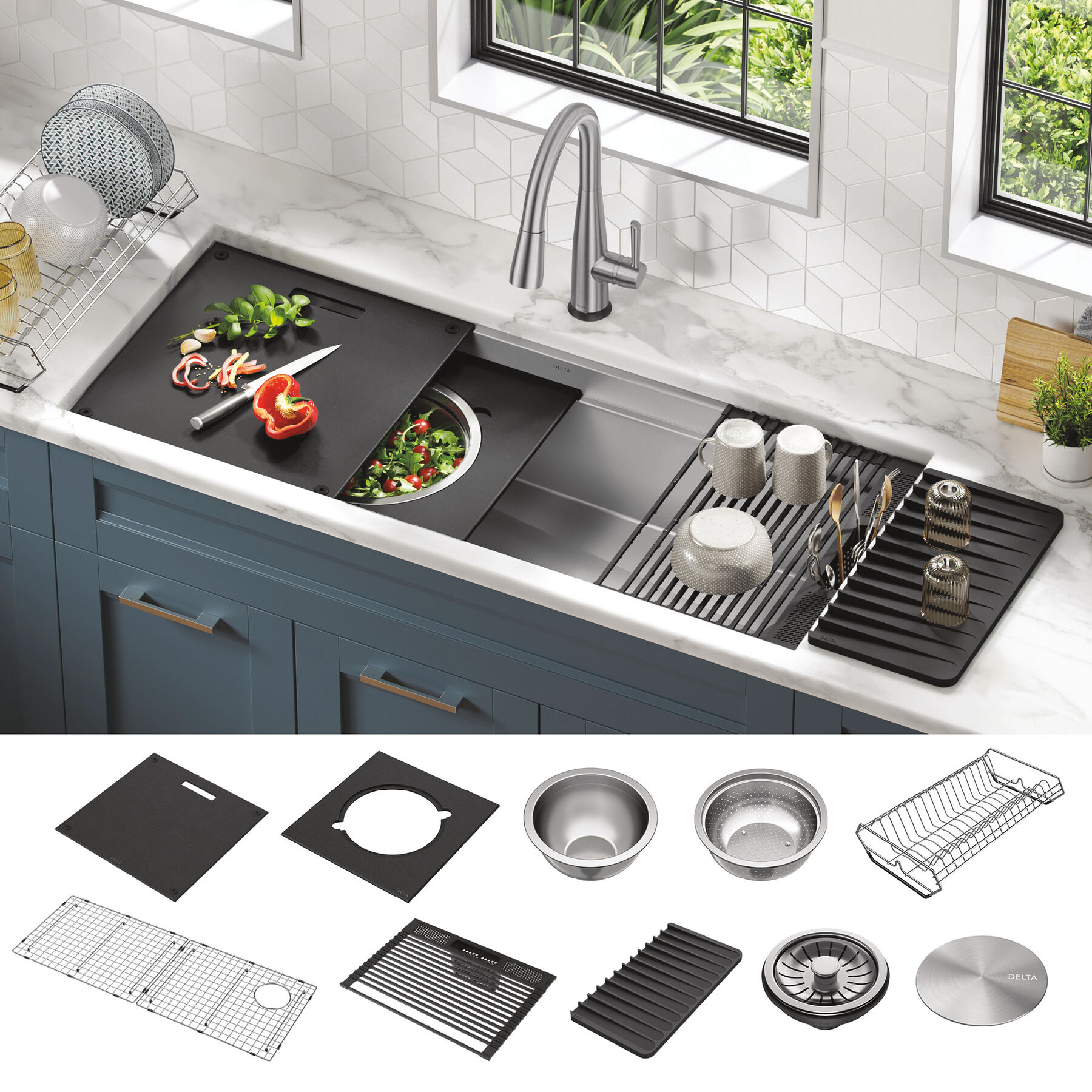 45&rdquo; Workstation Undermount Single Bowl 16 Gauge Stainless Steel Kitchen Sink with 2-Tier&nbsp;WorkFlow&trade; Ledge and Accessories
